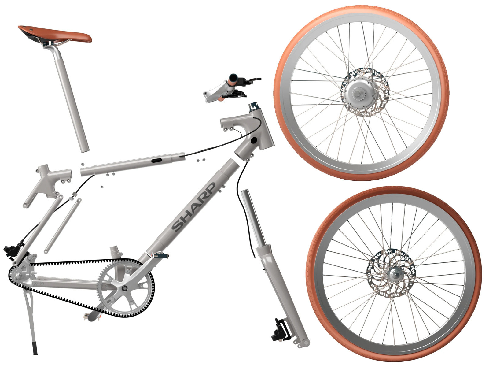 Zerlegtes Fahrrad mit silbernem Rahmen, braunem Sattel und zwei Rädern mit orangefarbenen Reifen.