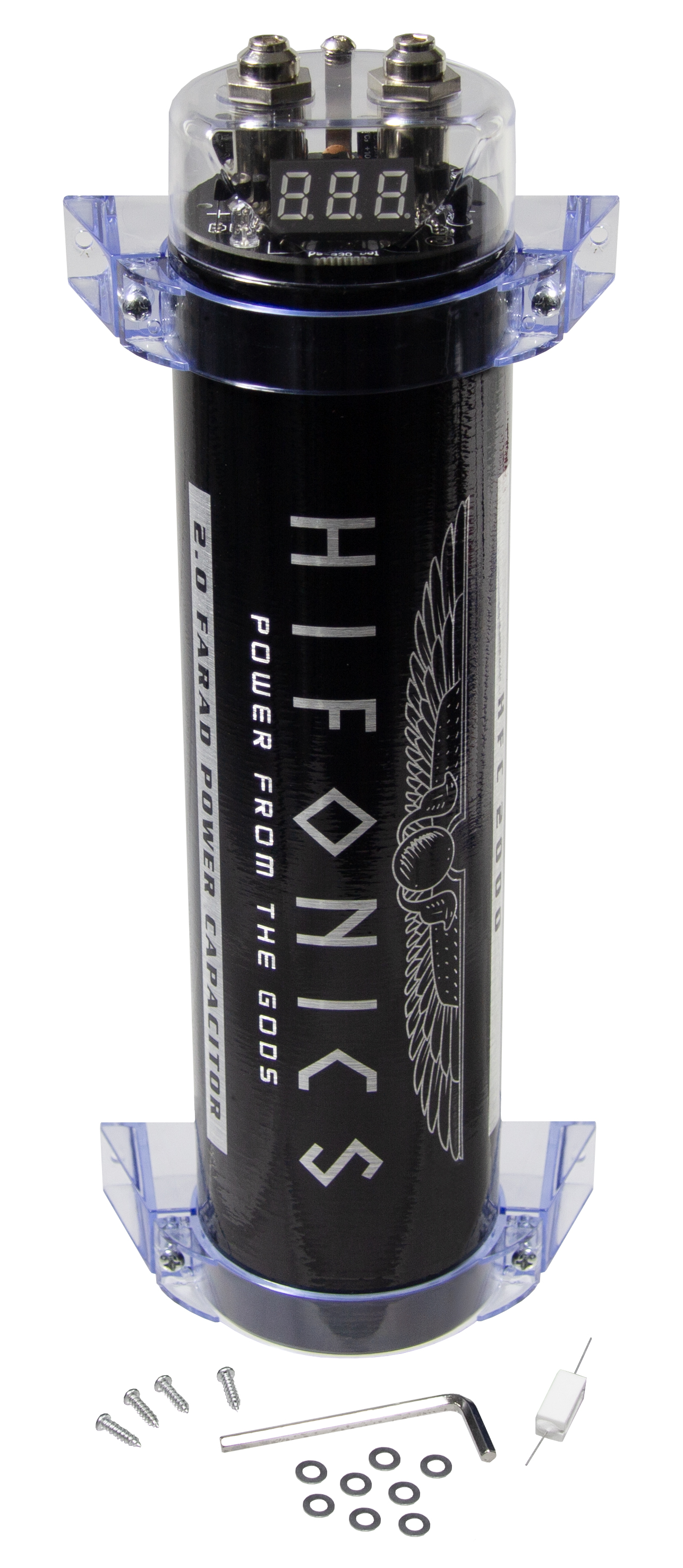 Schwarzer Kondensator mit silbernem Hifonics-Logo, Flügelmotiv und digitaler Anzeige.