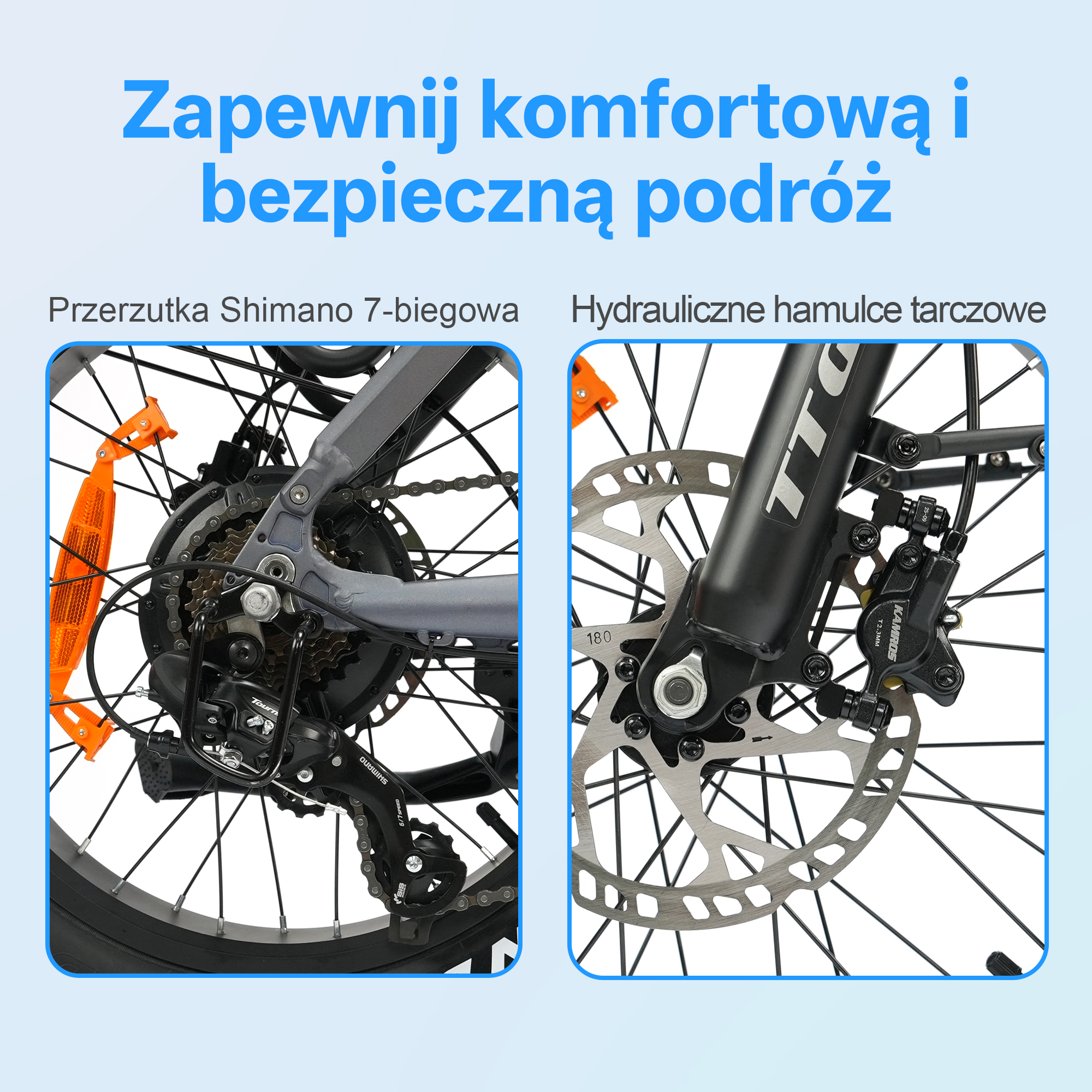 Zbliżenie na części roweru: przerzutka i hamulec tarczowy.