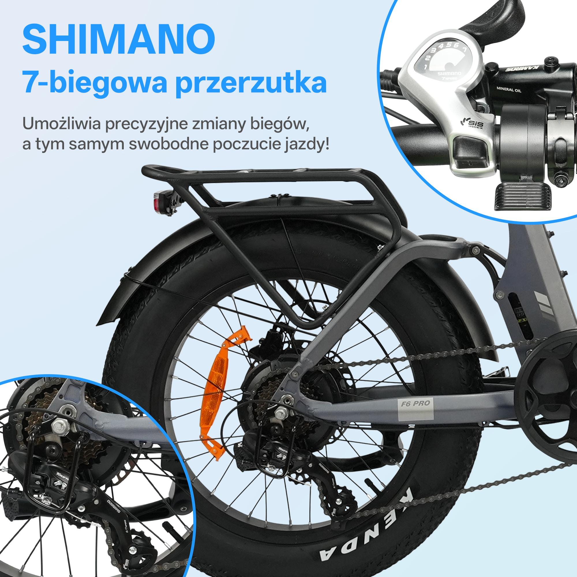 Przerzutka Shimano 7-biegowa ze wskaźnikiem biegów, kołem tylnym i łańcuchem.