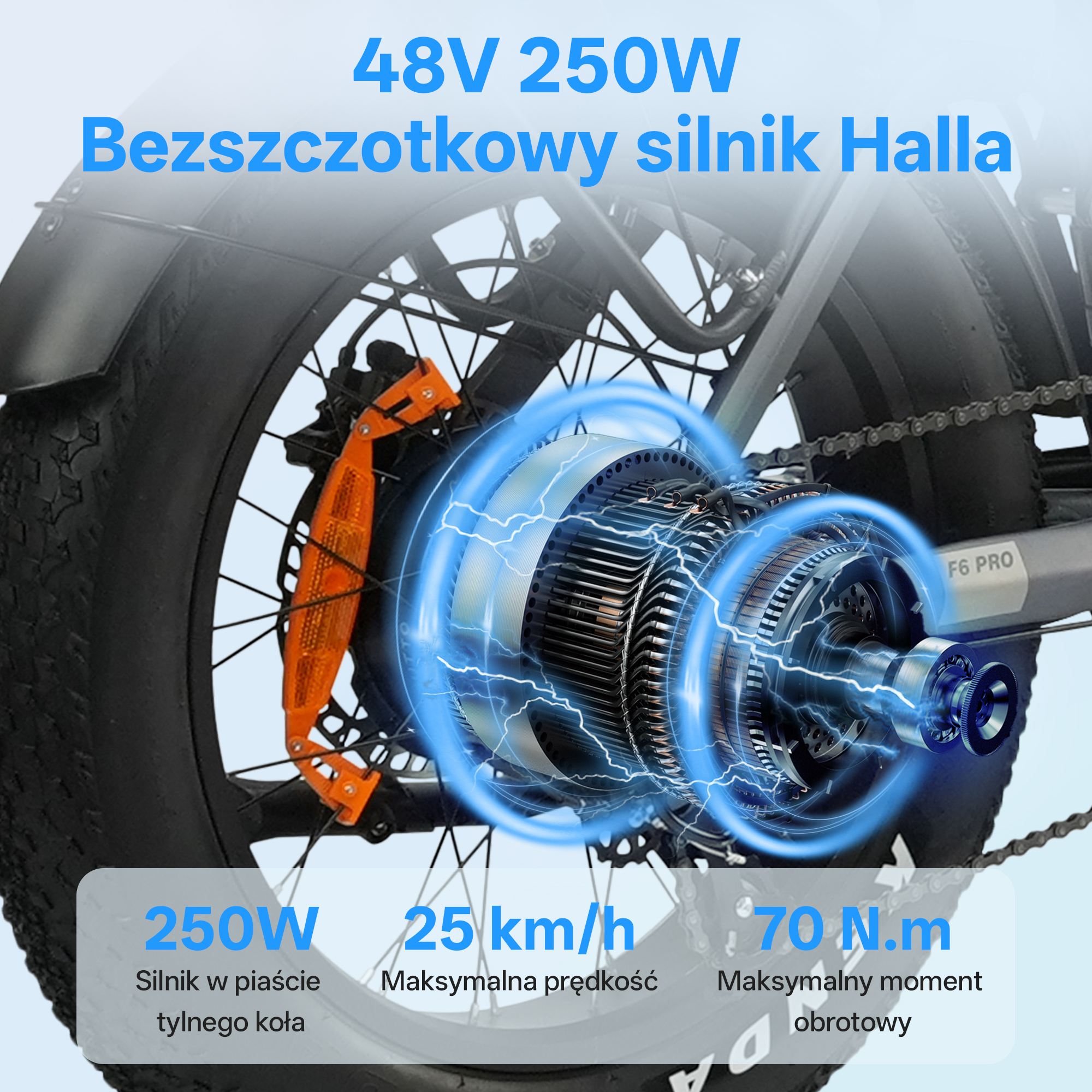 Zbliżenie silnika piasty roweru elektrycznego, 48V, 250W, 25 km/h, 70 Nm.