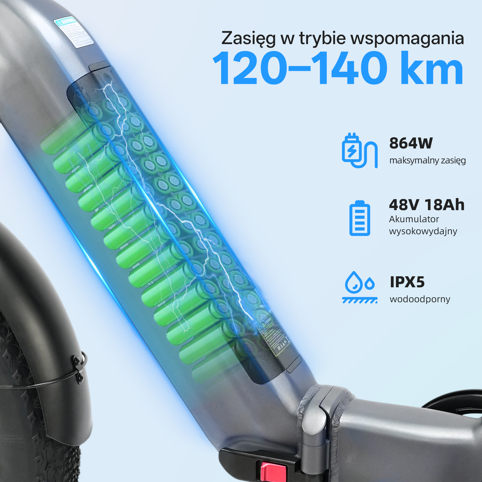 Zbliżenie baterii roweru elektrycznego z zielonymi ogniwami i niebieskimi błyskawicami, zasięg 120-140 km.