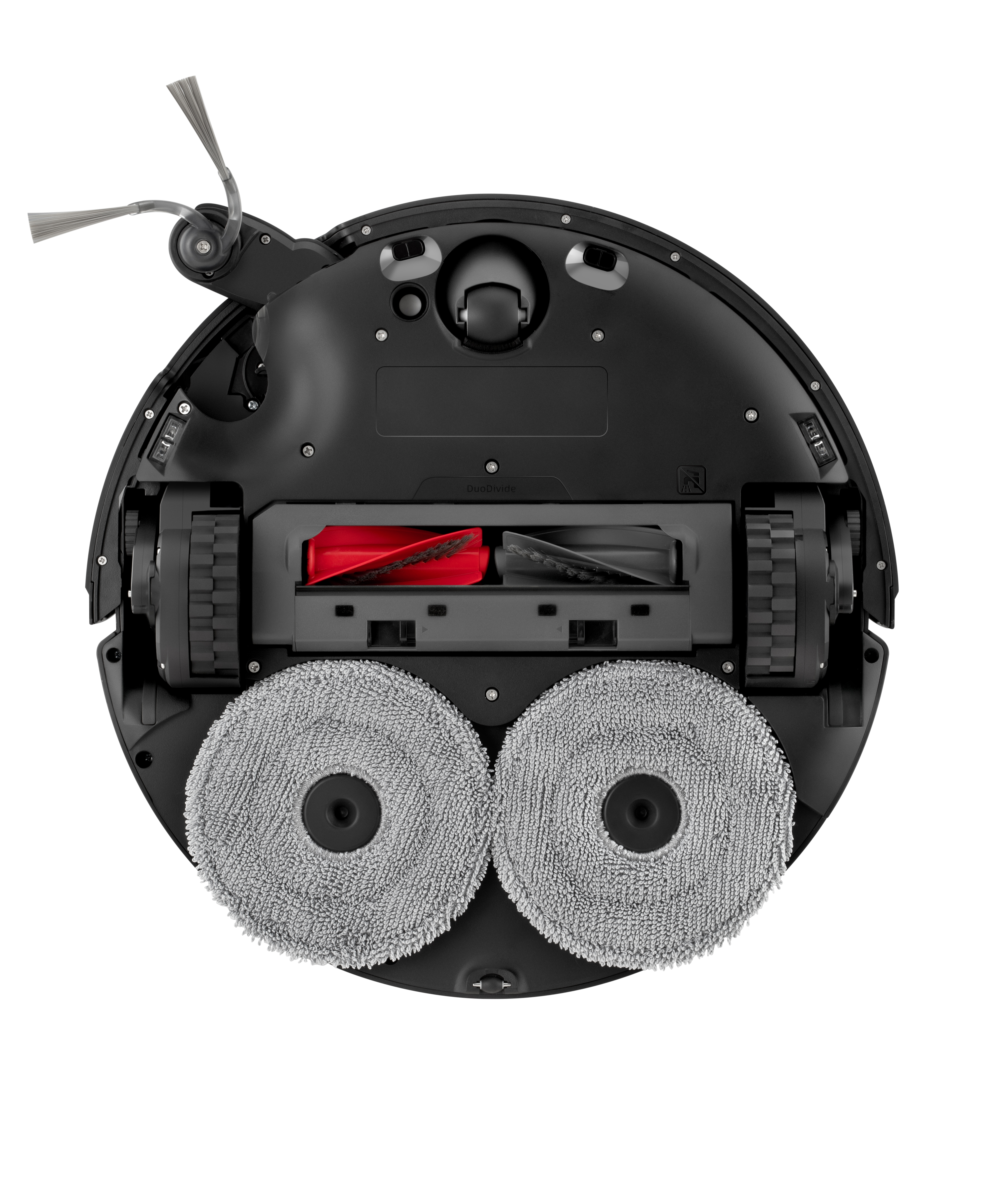 İki döner paspas ve fırçaya sahip siyah robotlu süpürgenin alt tarafı.