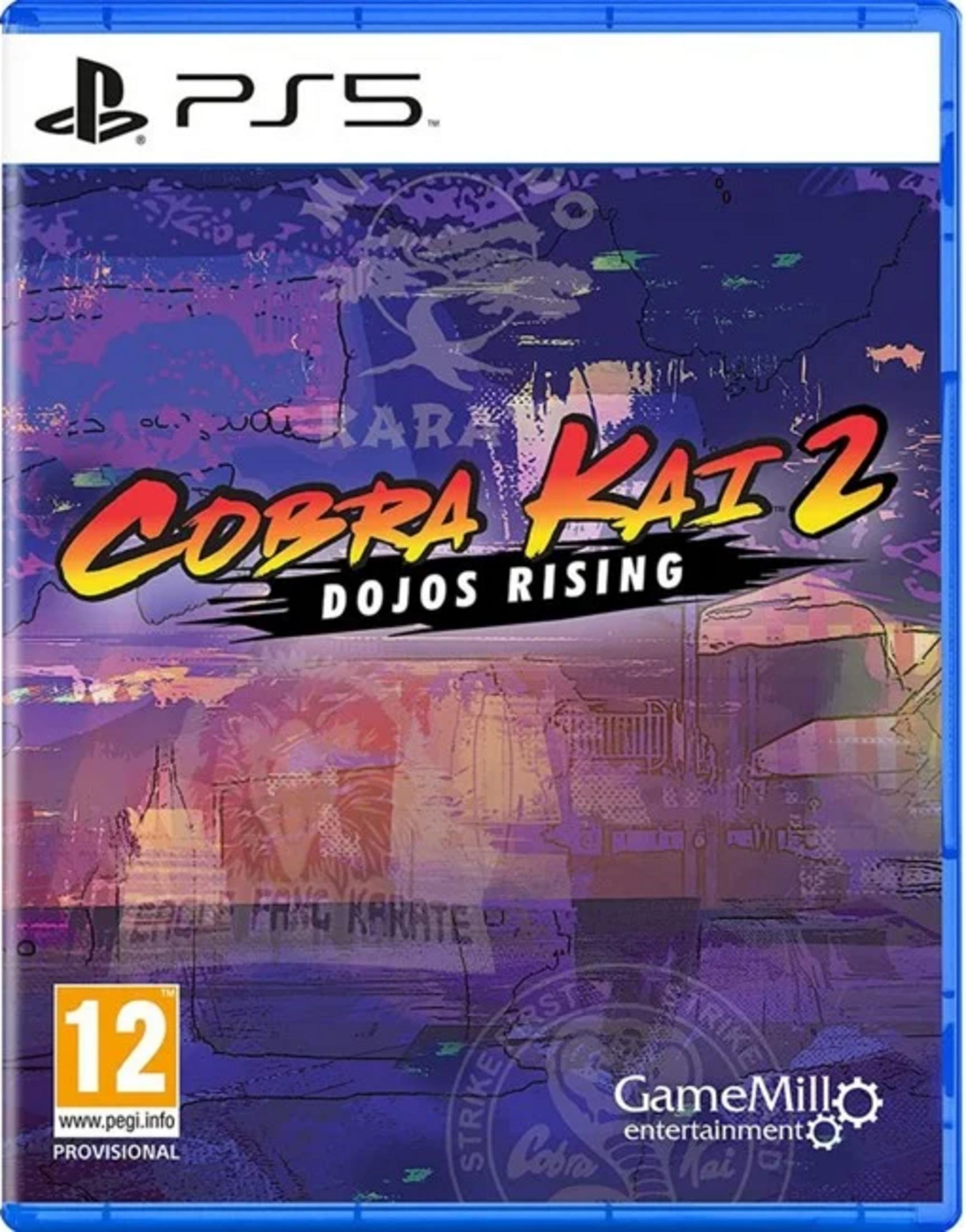 Caja de juego PS5 para Cobra Kai 2: Dojos Rising con logo y clasificación PEGI 12.