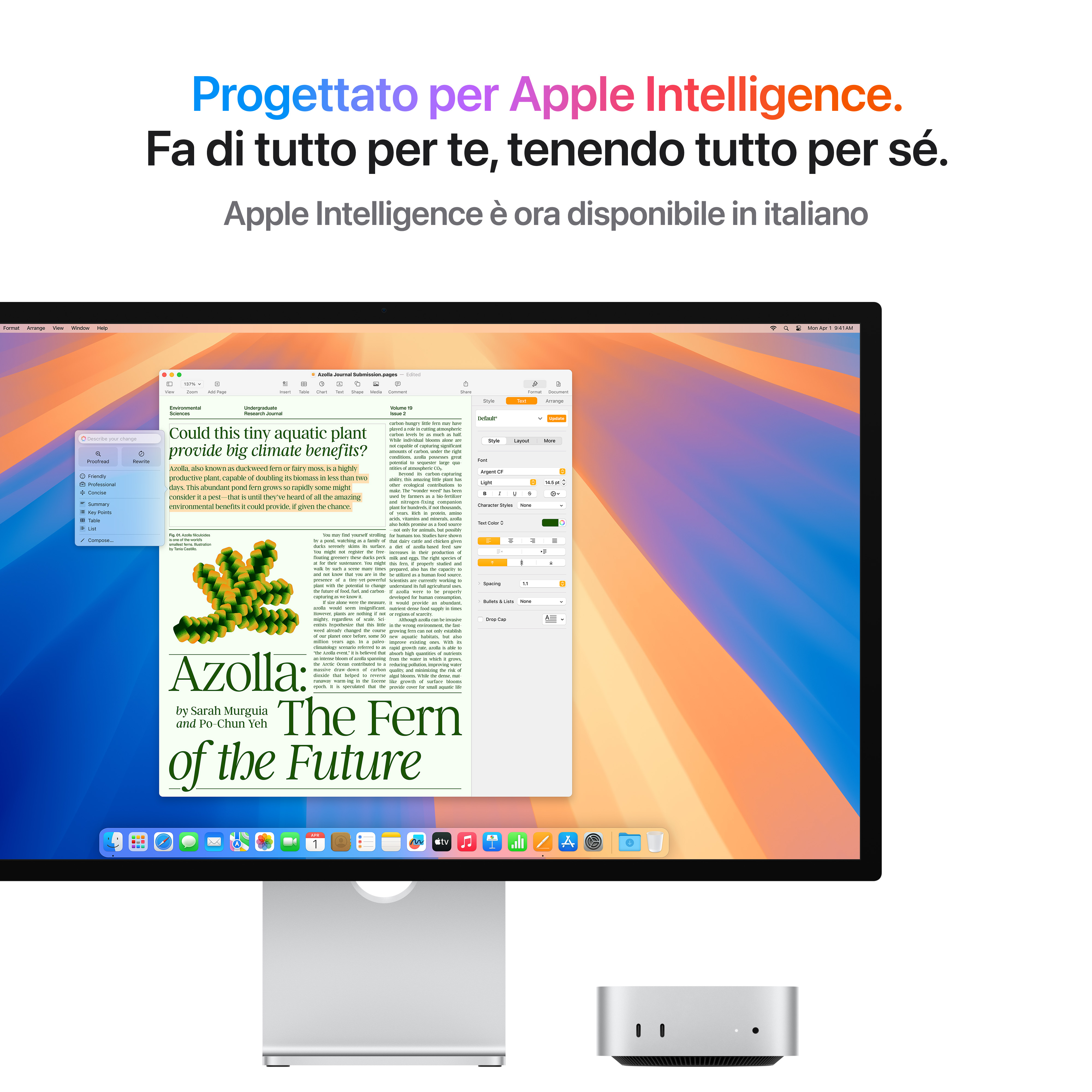 Uno schermo Mac mostra un documento su piante acquatiche e un Mac mini.