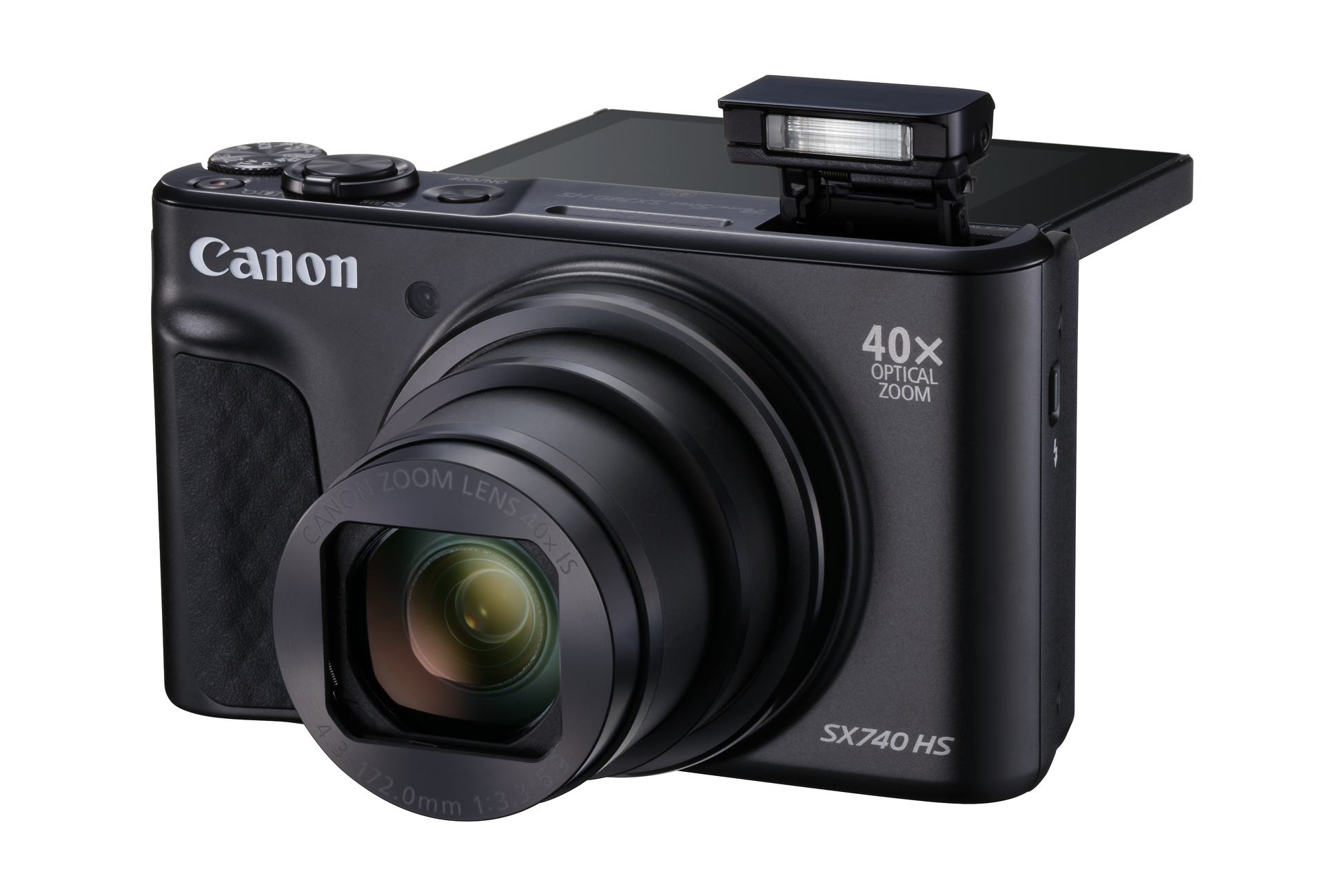 Eine schwarze Canon-Kamera mit 40-fachem optischem Zoom und ausklappbarem Blitz.