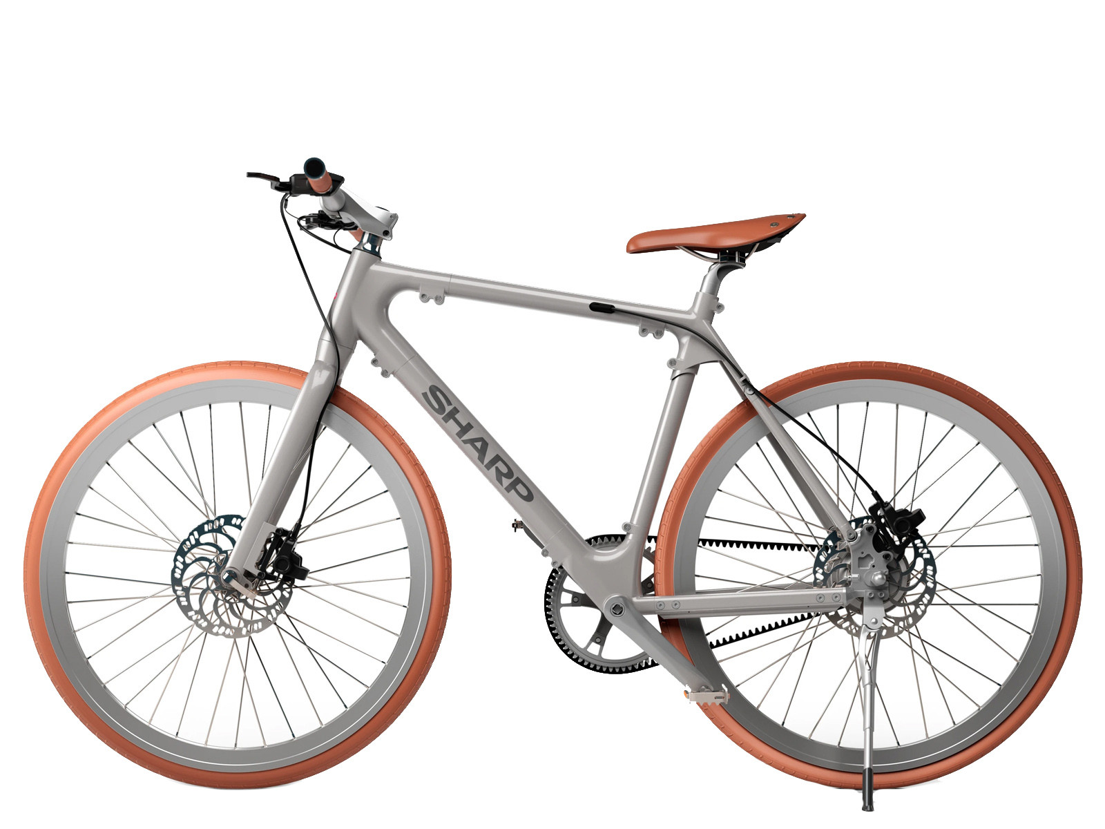 Graues Fahrrad mit braunem Sattel und korallfarbenen Reifen.