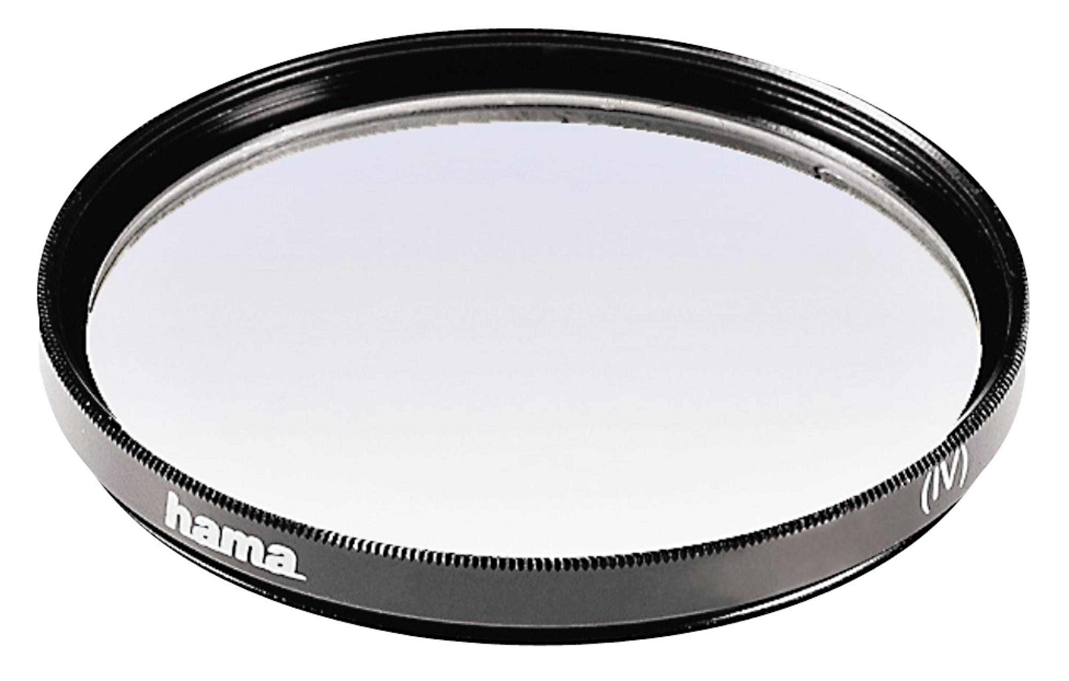 Un filtro tondo per obiettivi Hama con bordo in metallo nero e superficie in vetro riflettente.