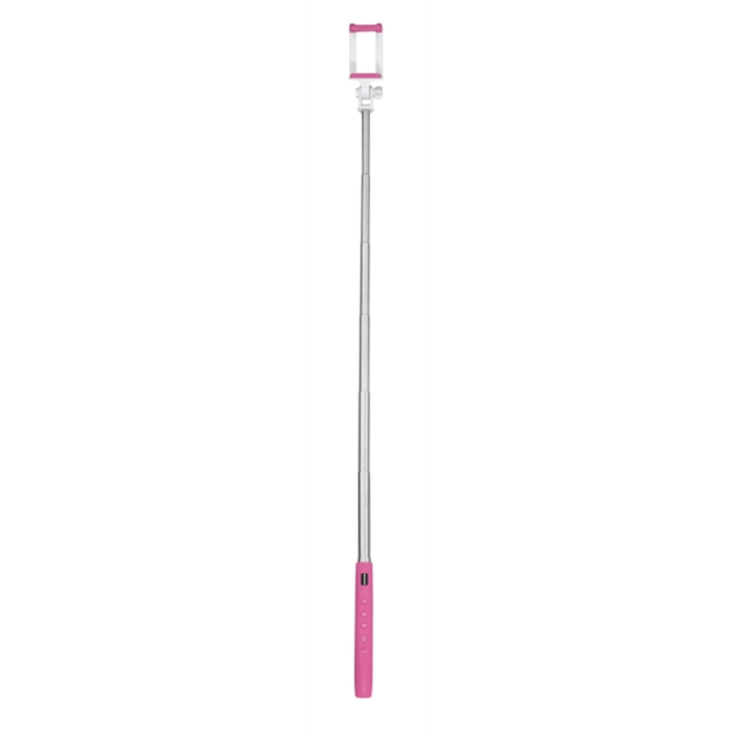 Ein ausziehbarer Selfie-Stick mit pinkem Griff und Halterung.