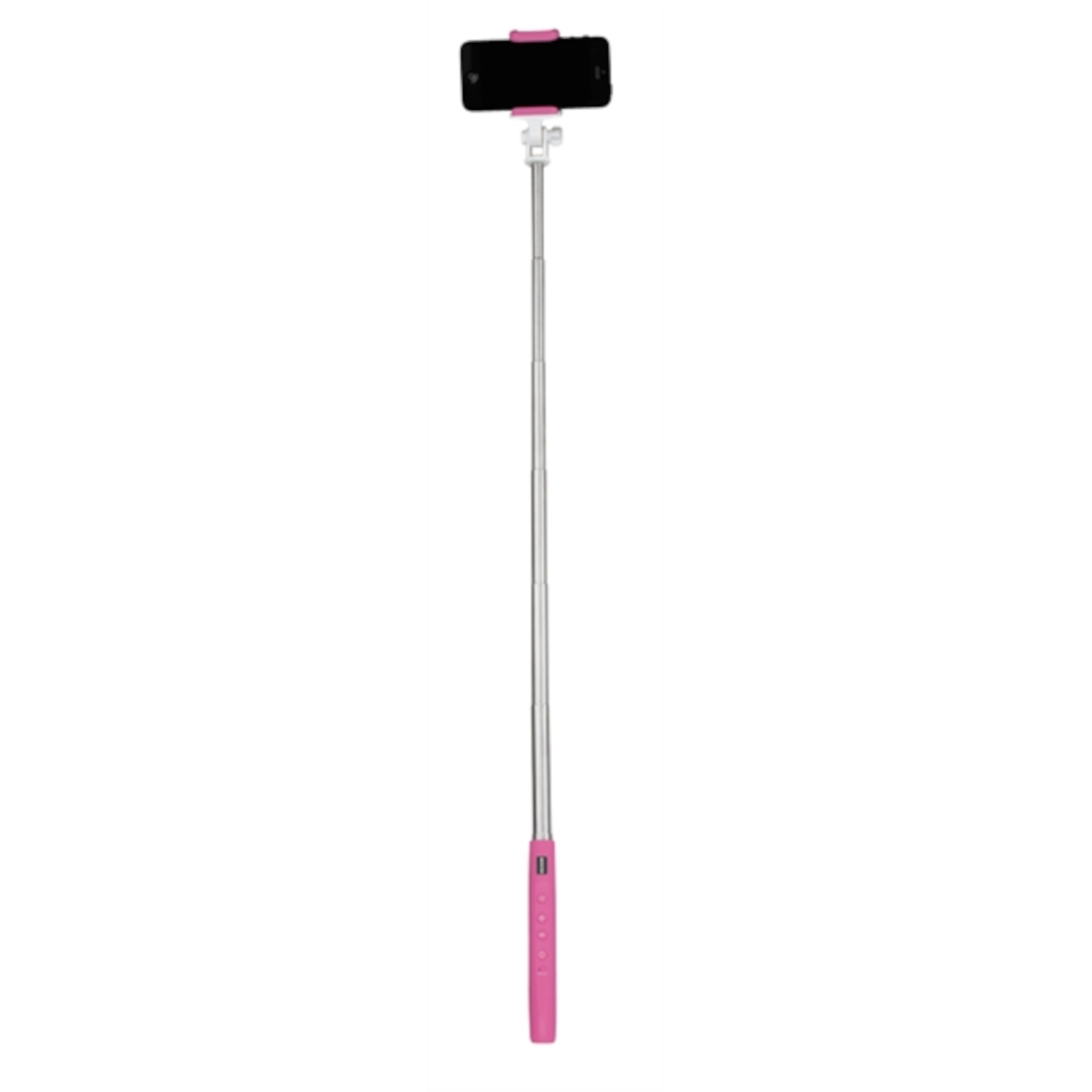 Ein ausziehbarer Selfie-Stick mit pinkem Griff und Halterung für ein Smartphone.