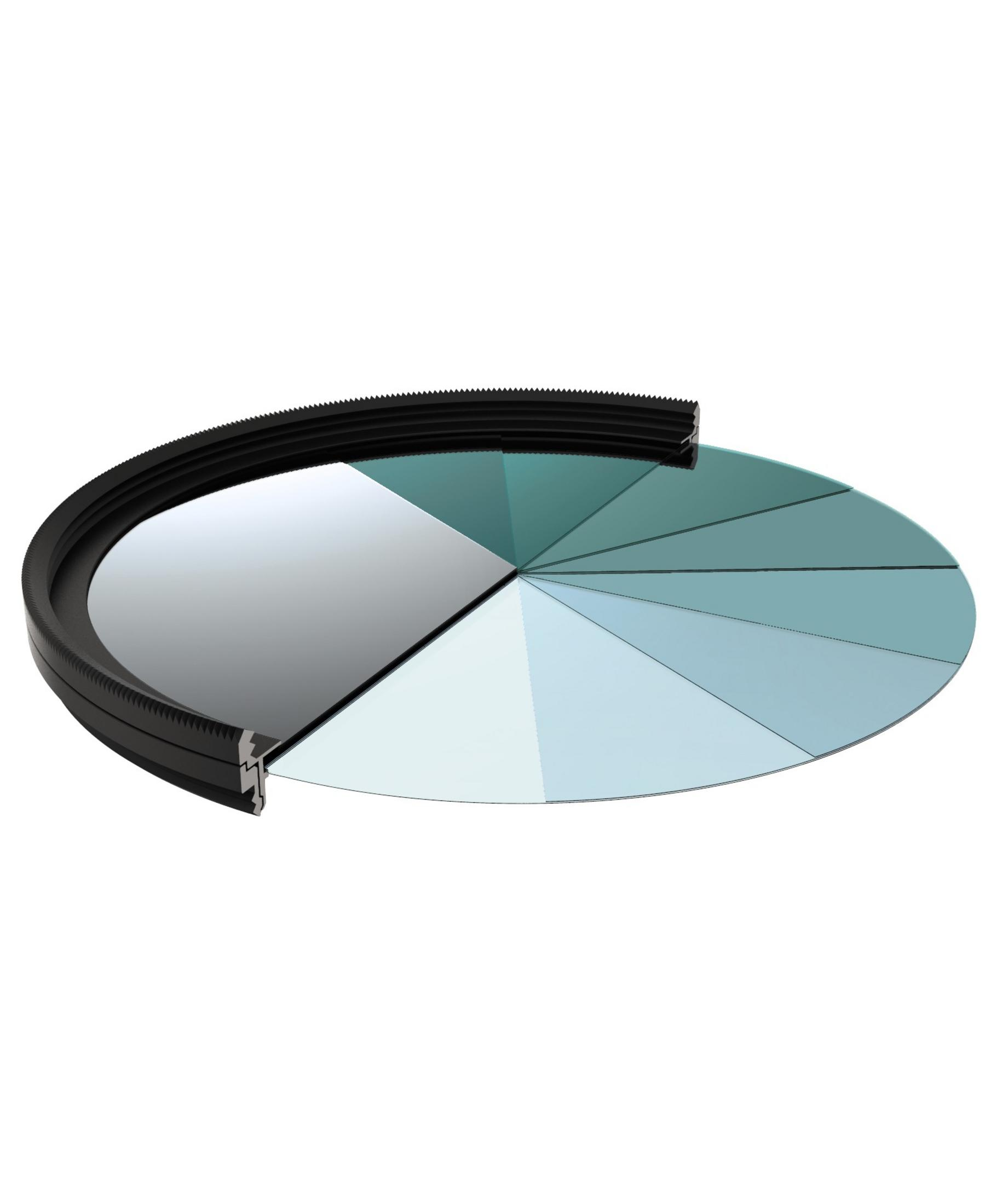 Ein schwarzer Ring umgibt einen kreisförmigen Glasfilter, der in verschiedene Blautöne unterteilt ist.