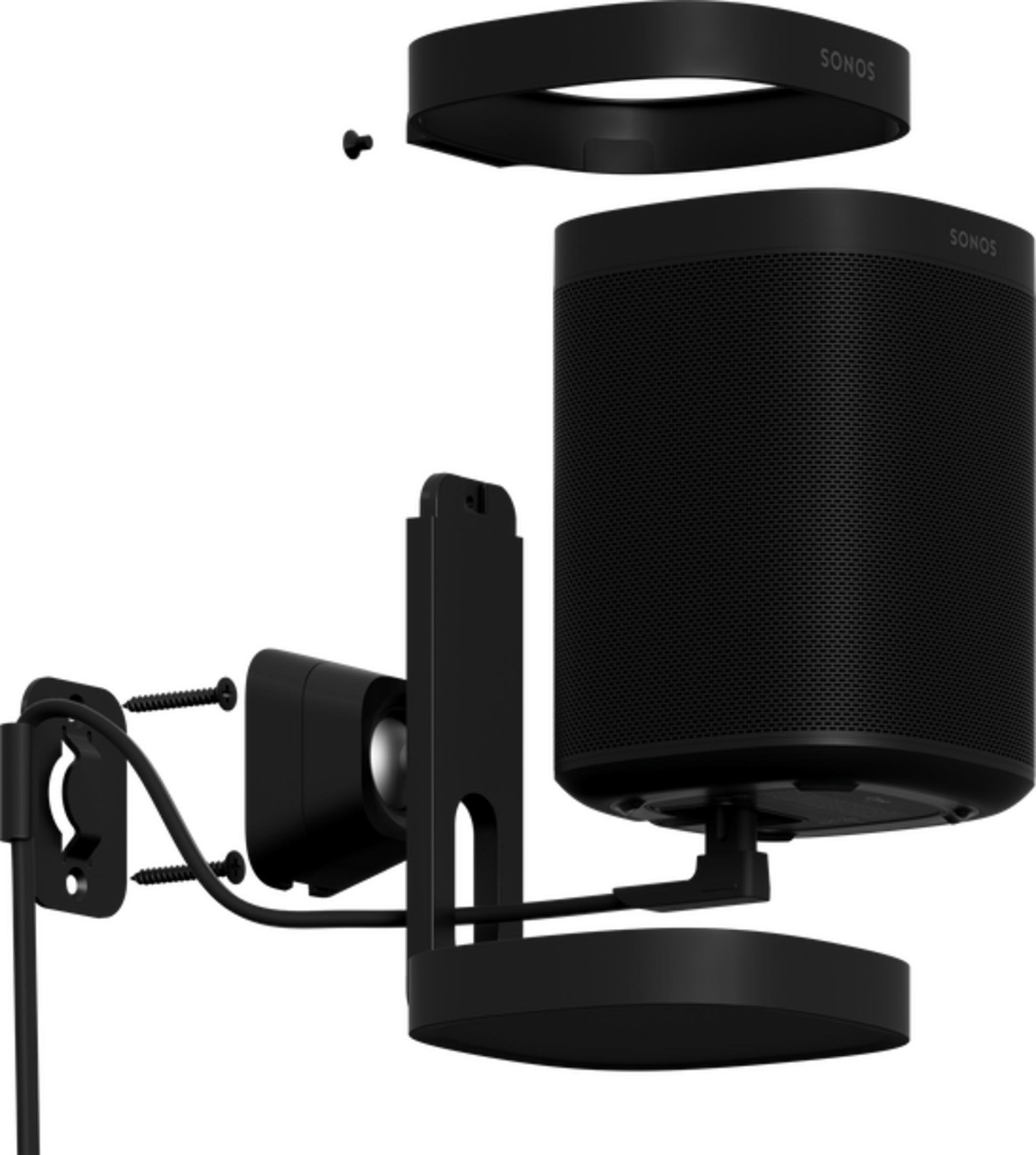 Soporte de altavoz Sonos negro con tornillos y altavoz.