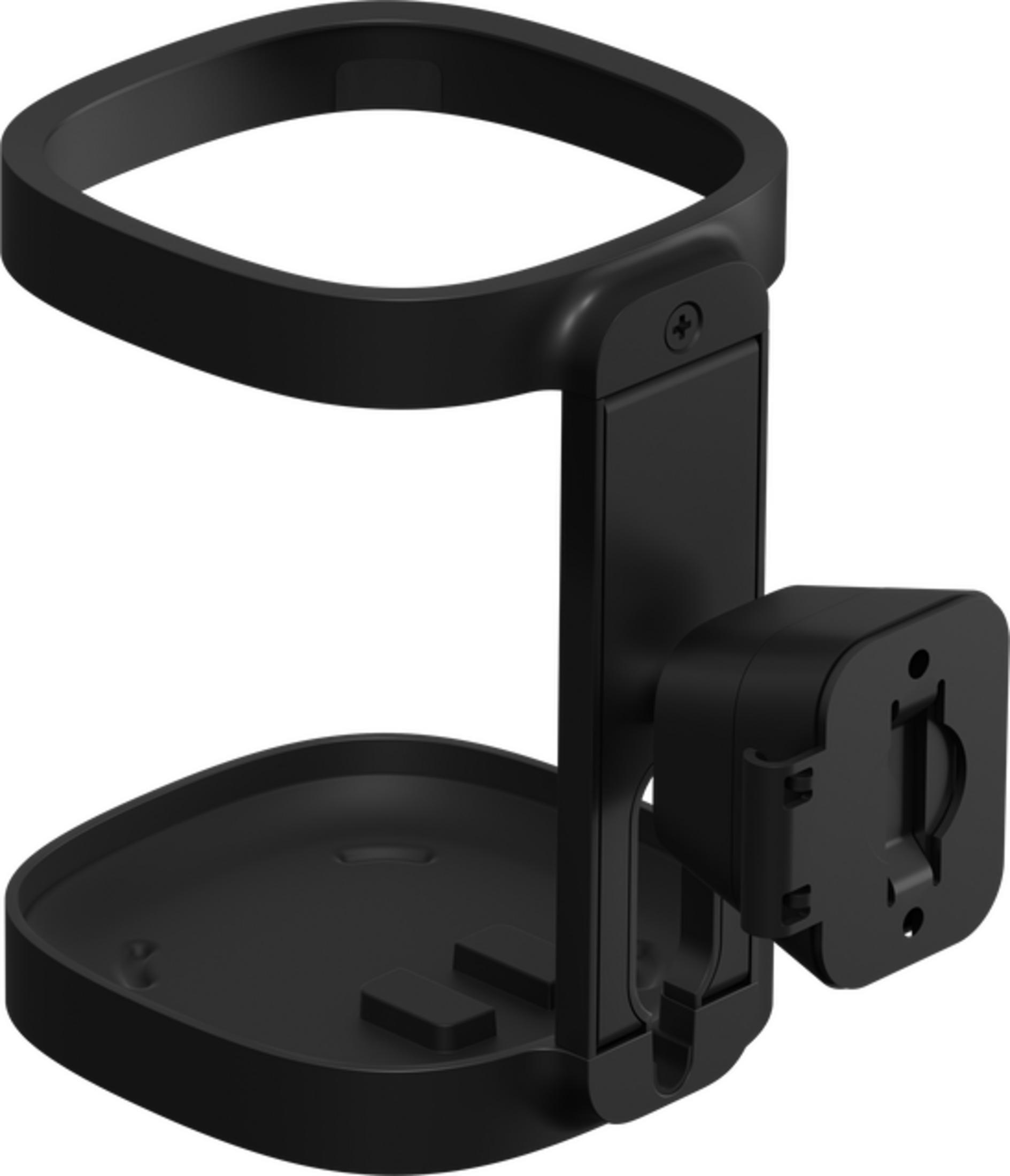 Un soporte de altavoz negro con base rectangular y anillo superior.
