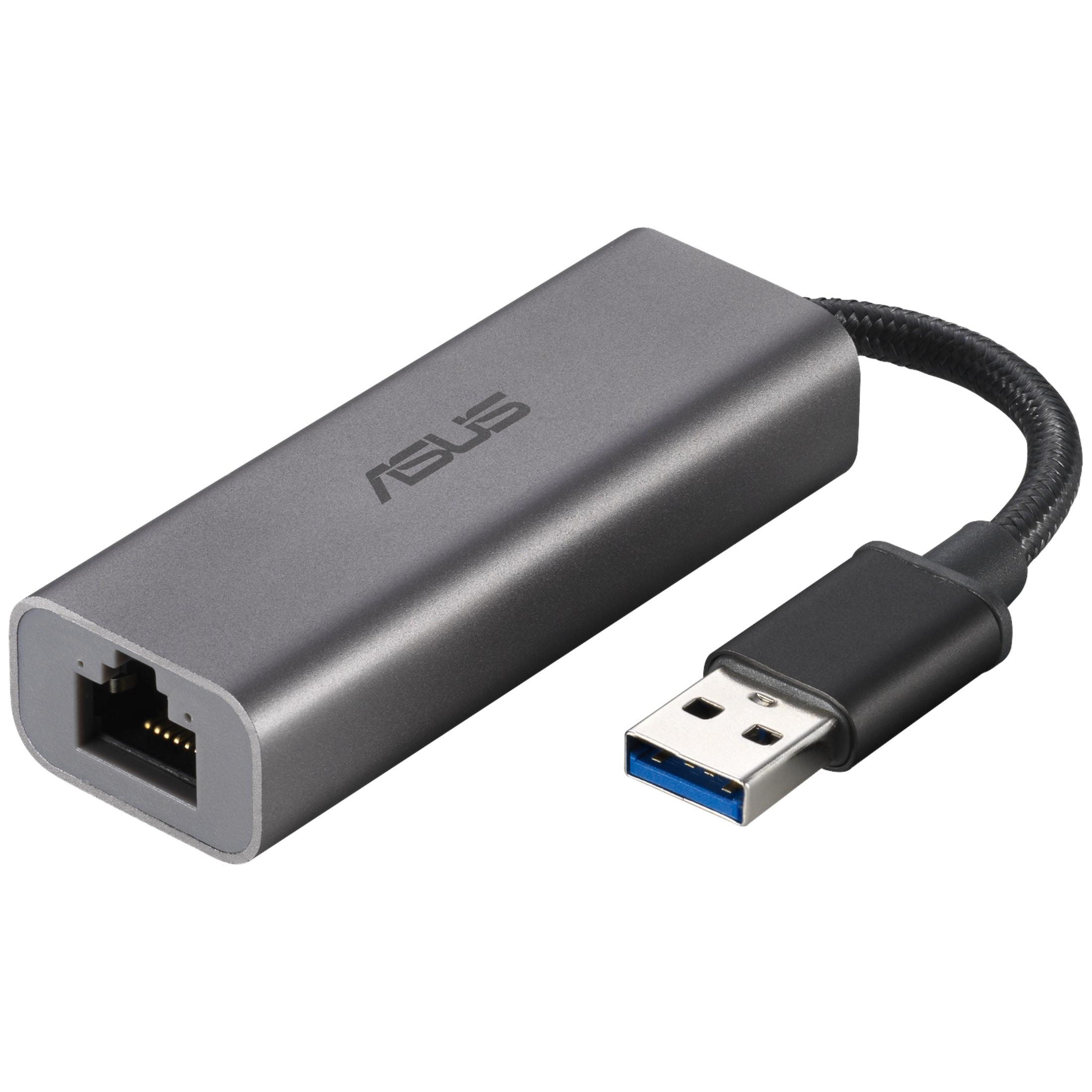 Grauer ASUS USB-Ethernet-Adapter mit geflochtenem Kabel und USB 3.0 Stecker.