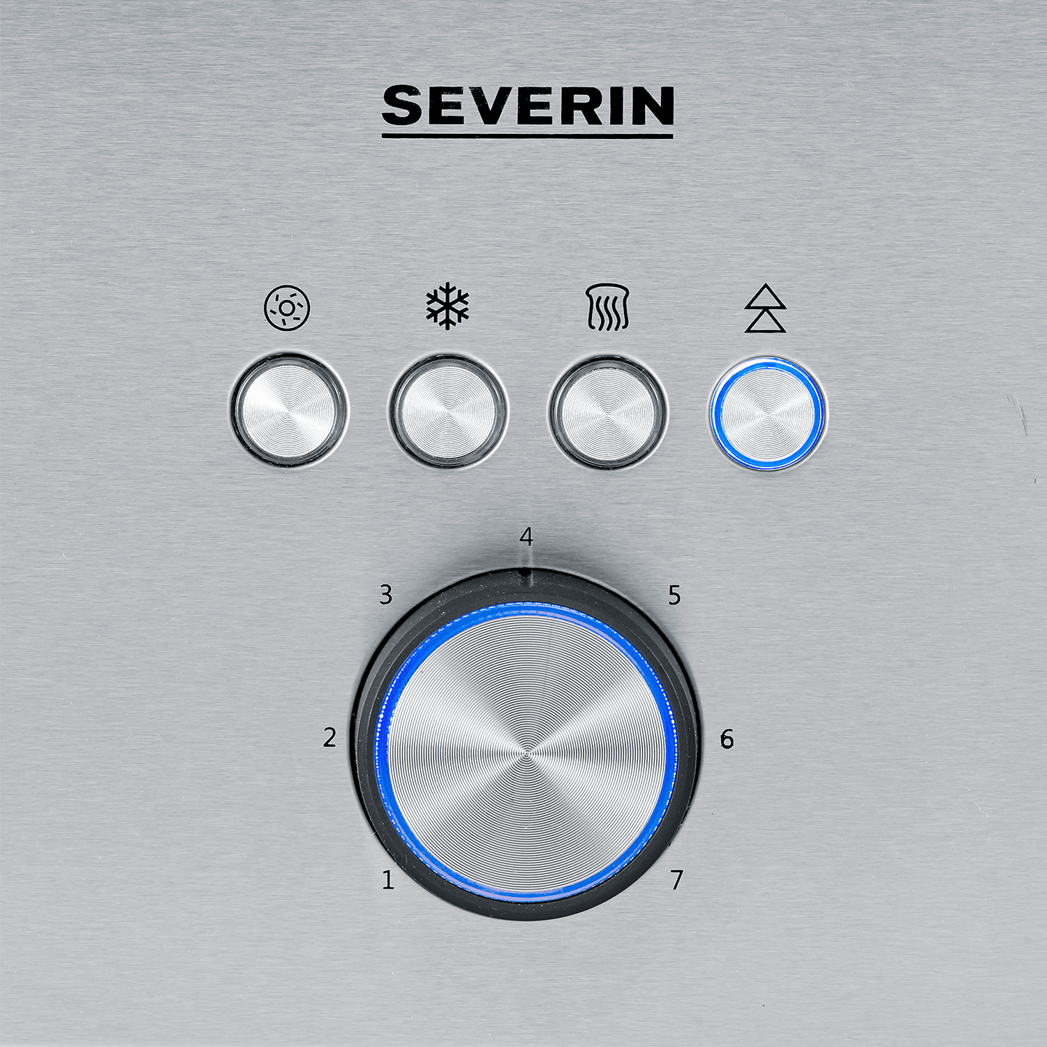 Brushed metal surface with buttons for defrost, freeze, toast, and reheat icons.