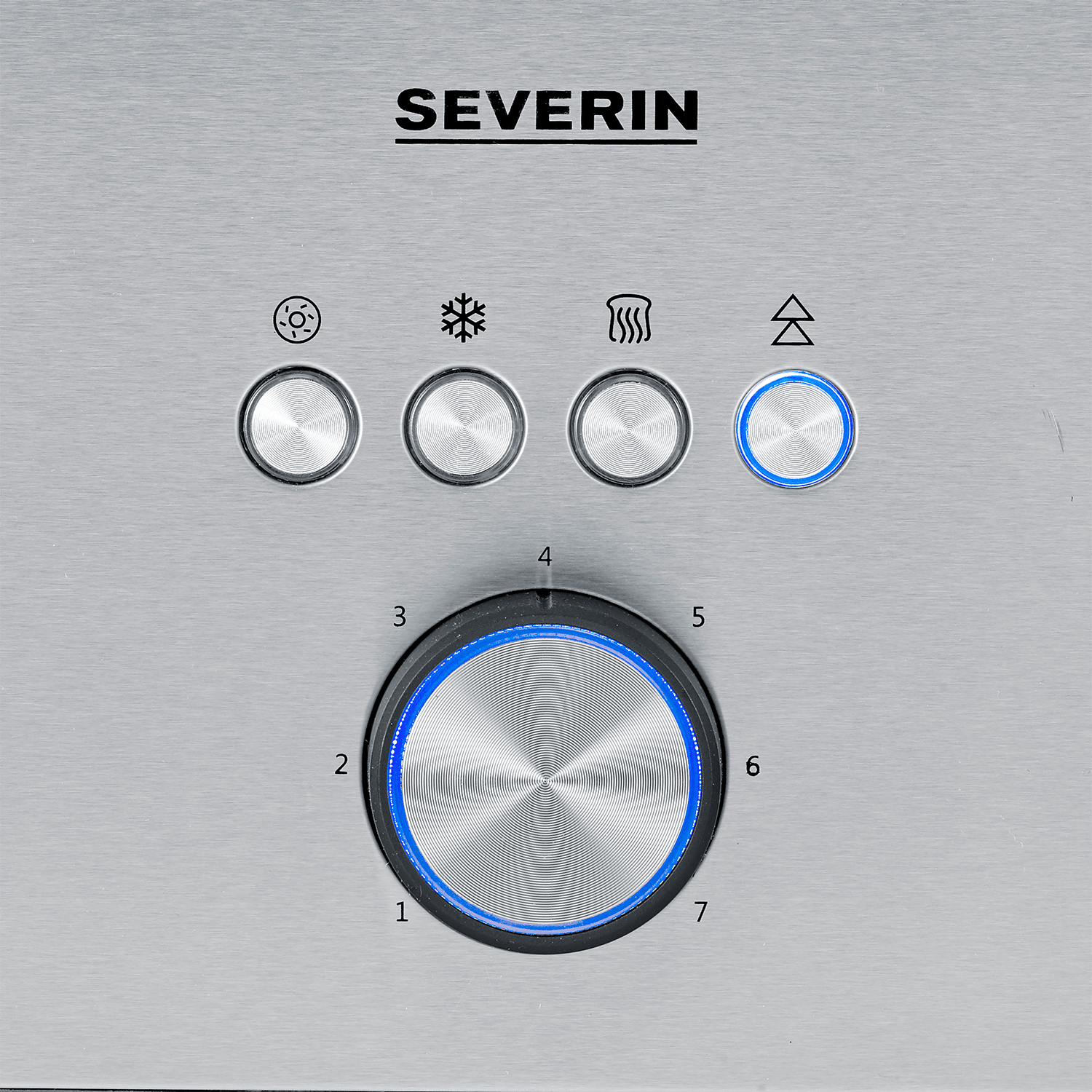 SEVERIN logo above four buttons and a dial with blue illumination.