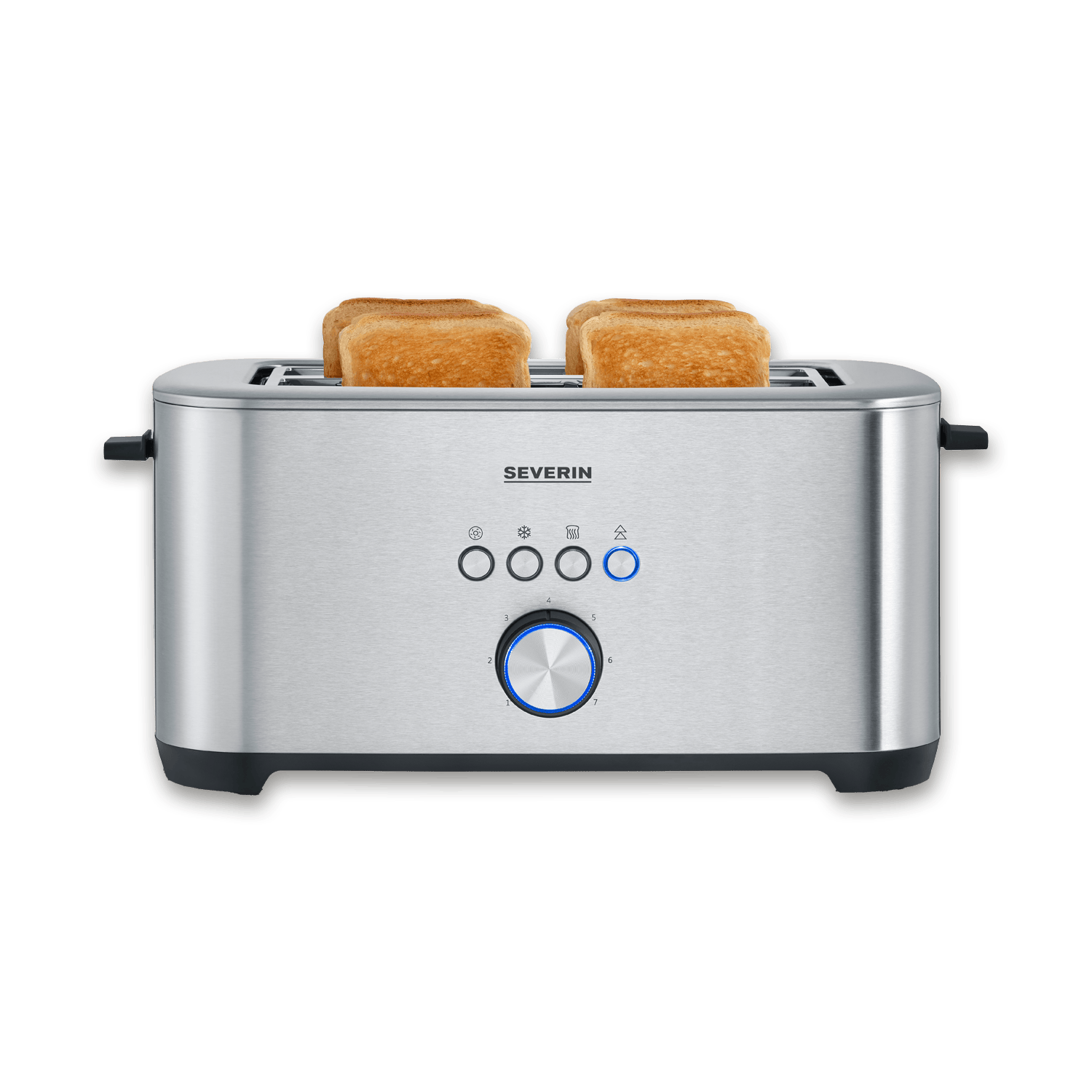 A silver toaster with four slices of toasted bread protruding from its slots.