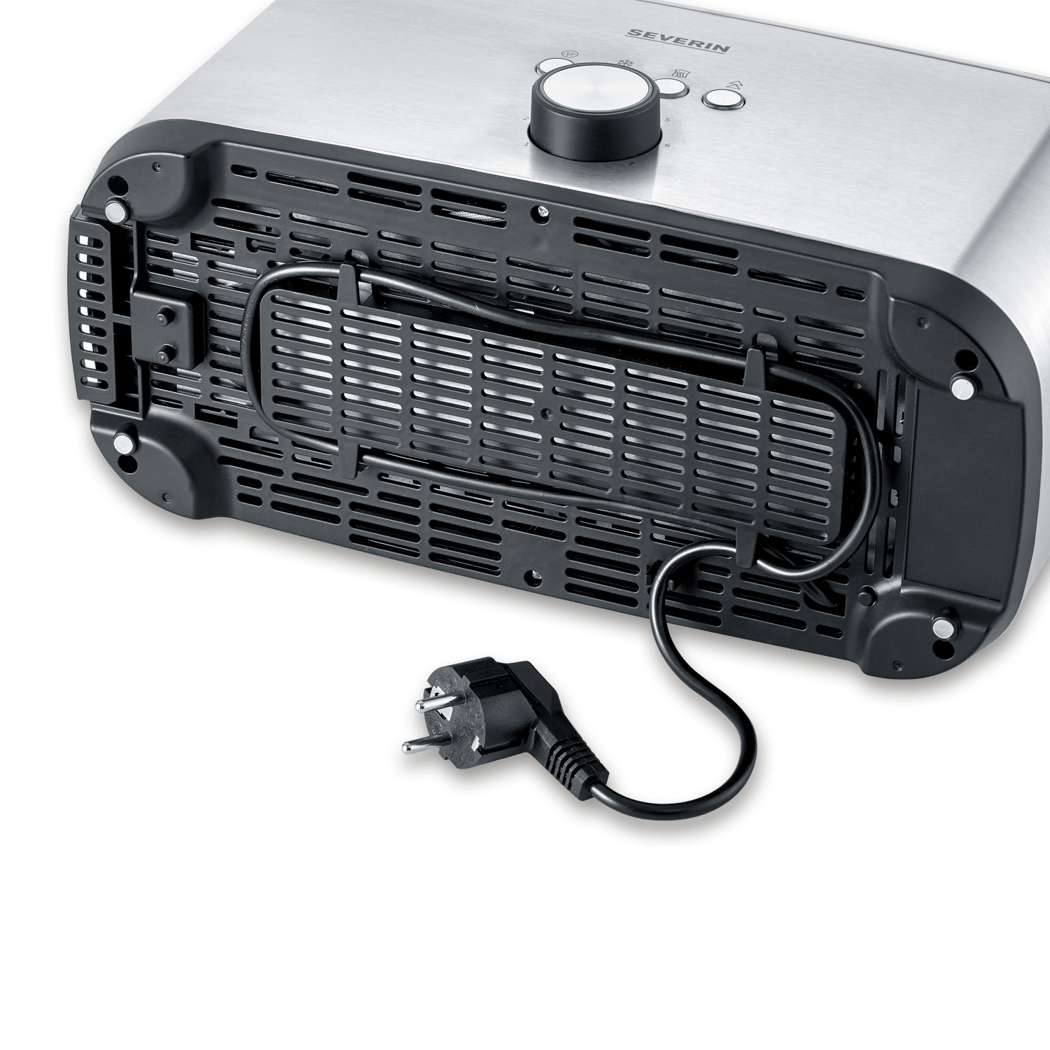 Underside of a toaster with a black power cord and plug.