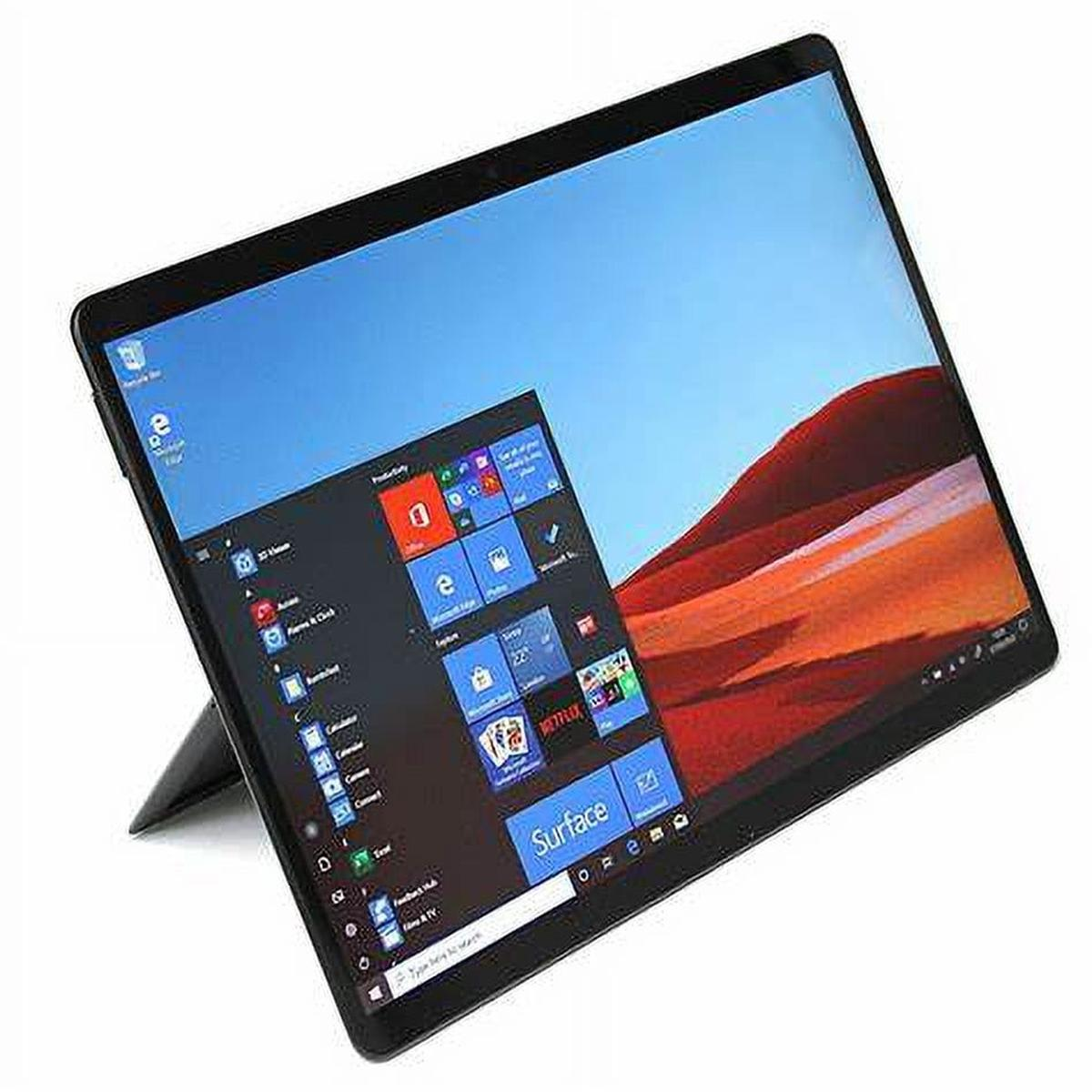 Un tablet nero con cavalletto, che mostra un menu Windows e un display orizzontale.