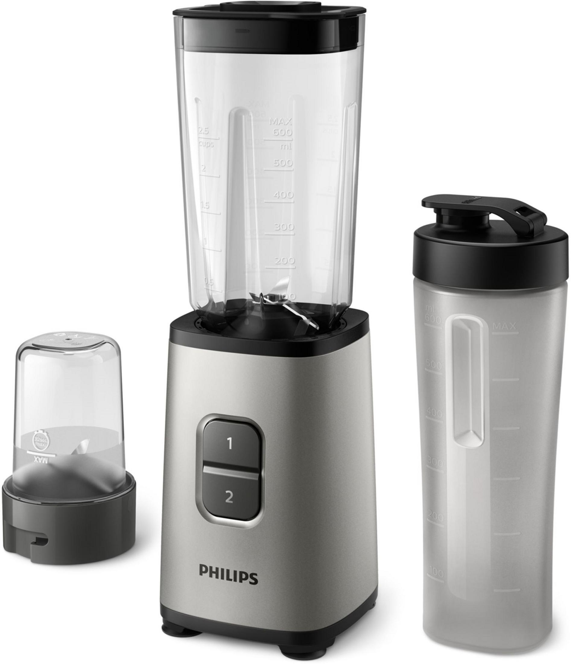 Un frullatore Philips argento con due bicchieri e tacche graduate.