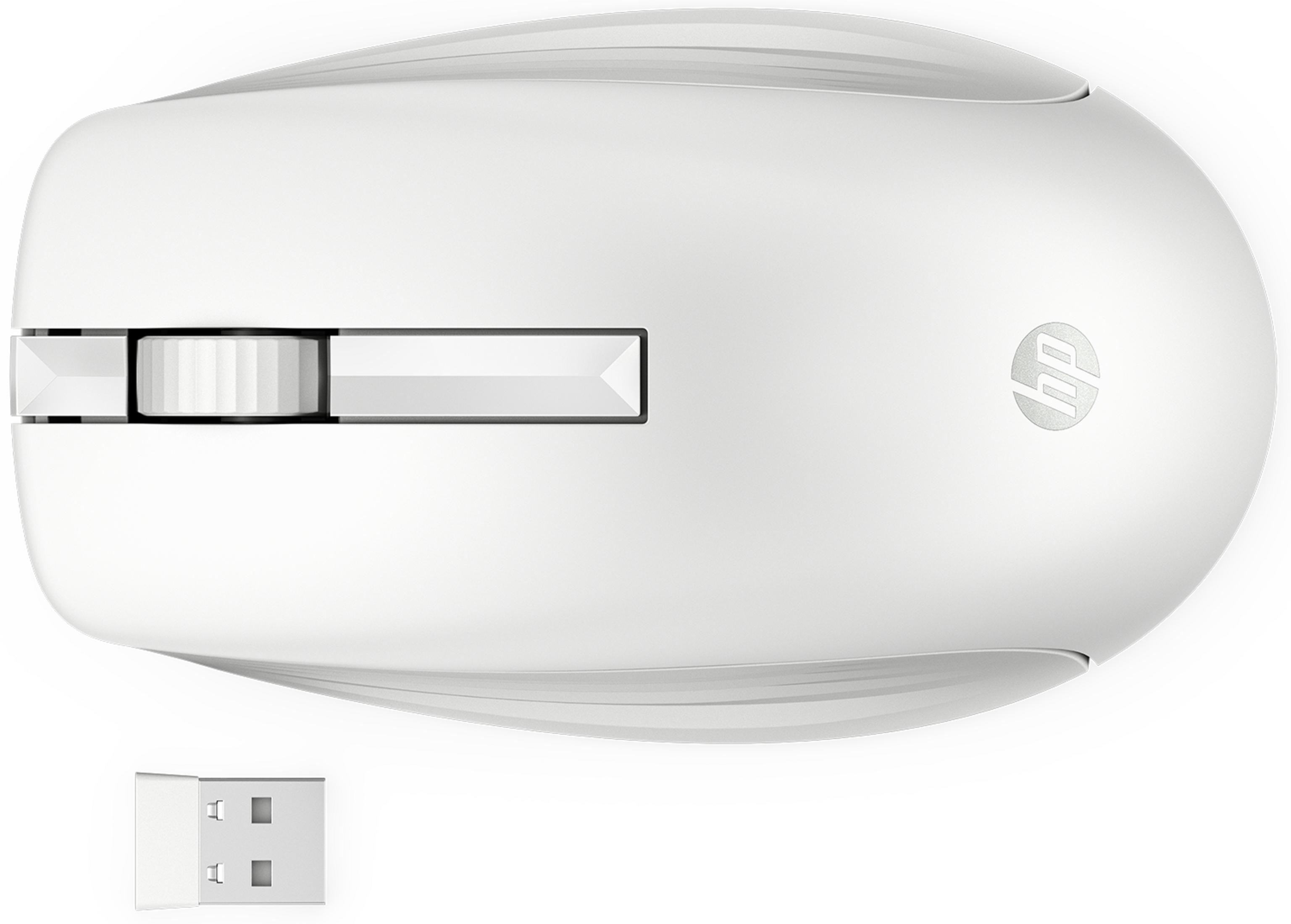 Biała mysz HP z donglem USB, widok z góry.