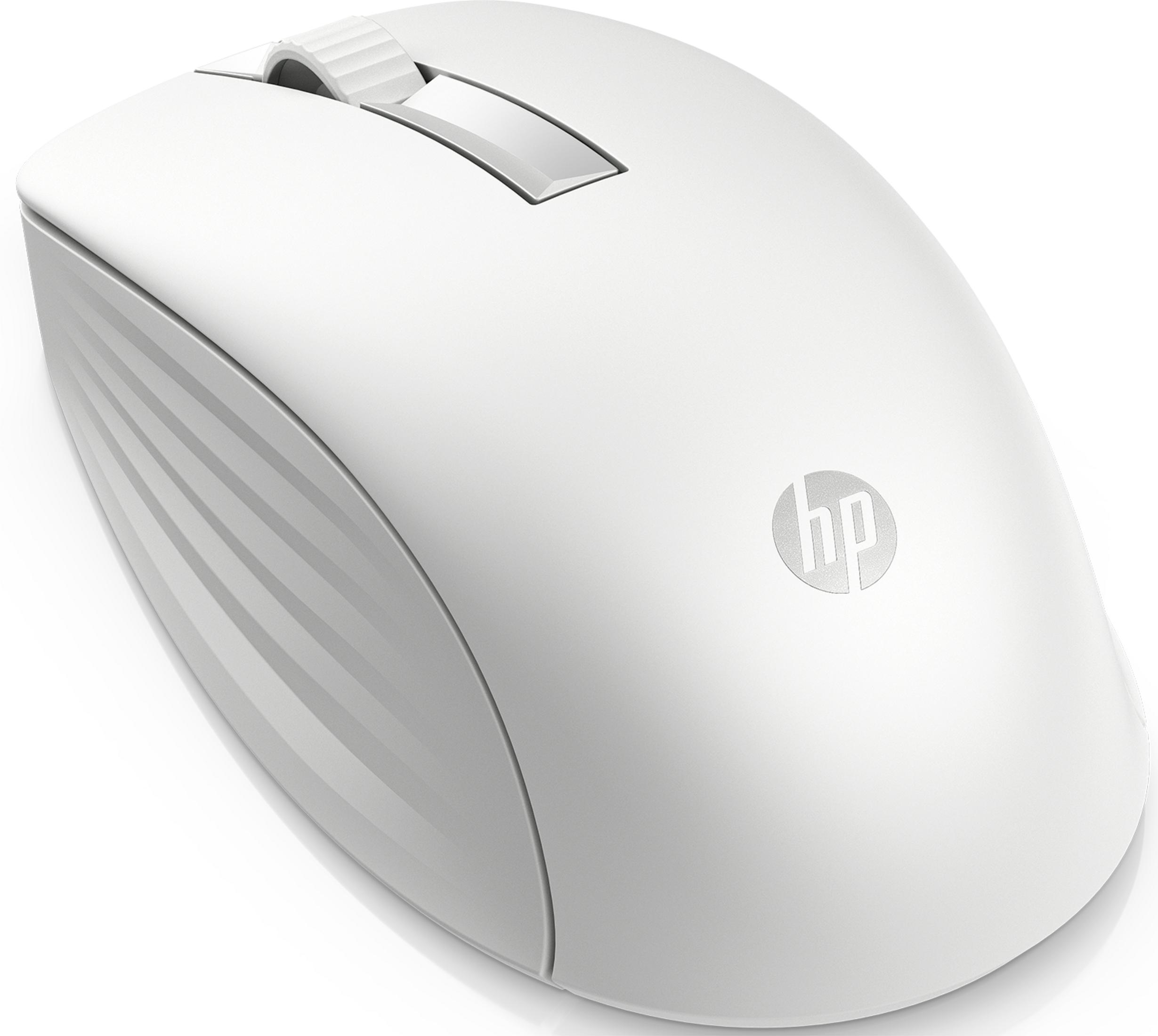 Biała mysz komputerowa HP z kółkiem przewijania i logo HP.