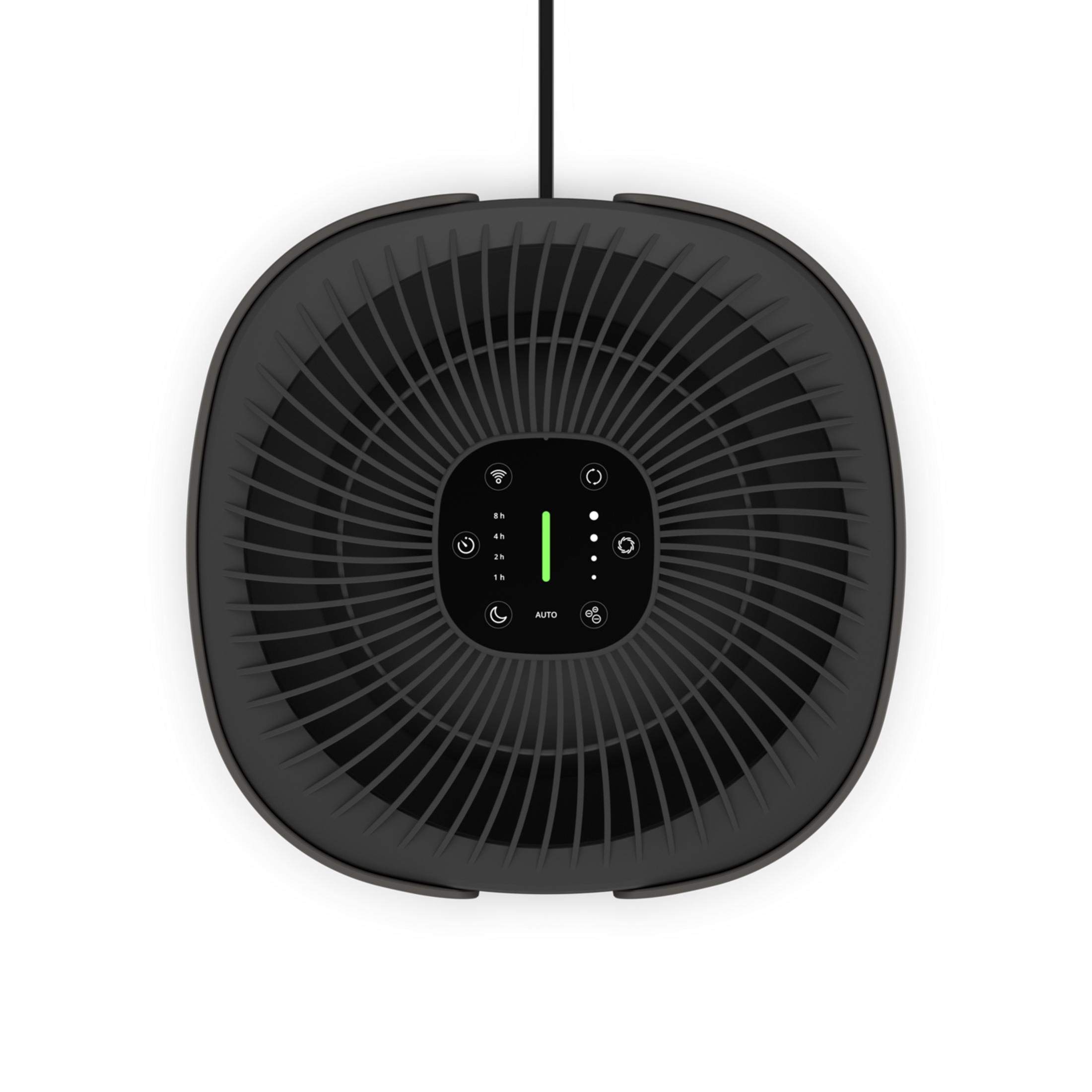 Un purificatore d'aria nero con pannello di controllo che mostra timer e modalità automatica.