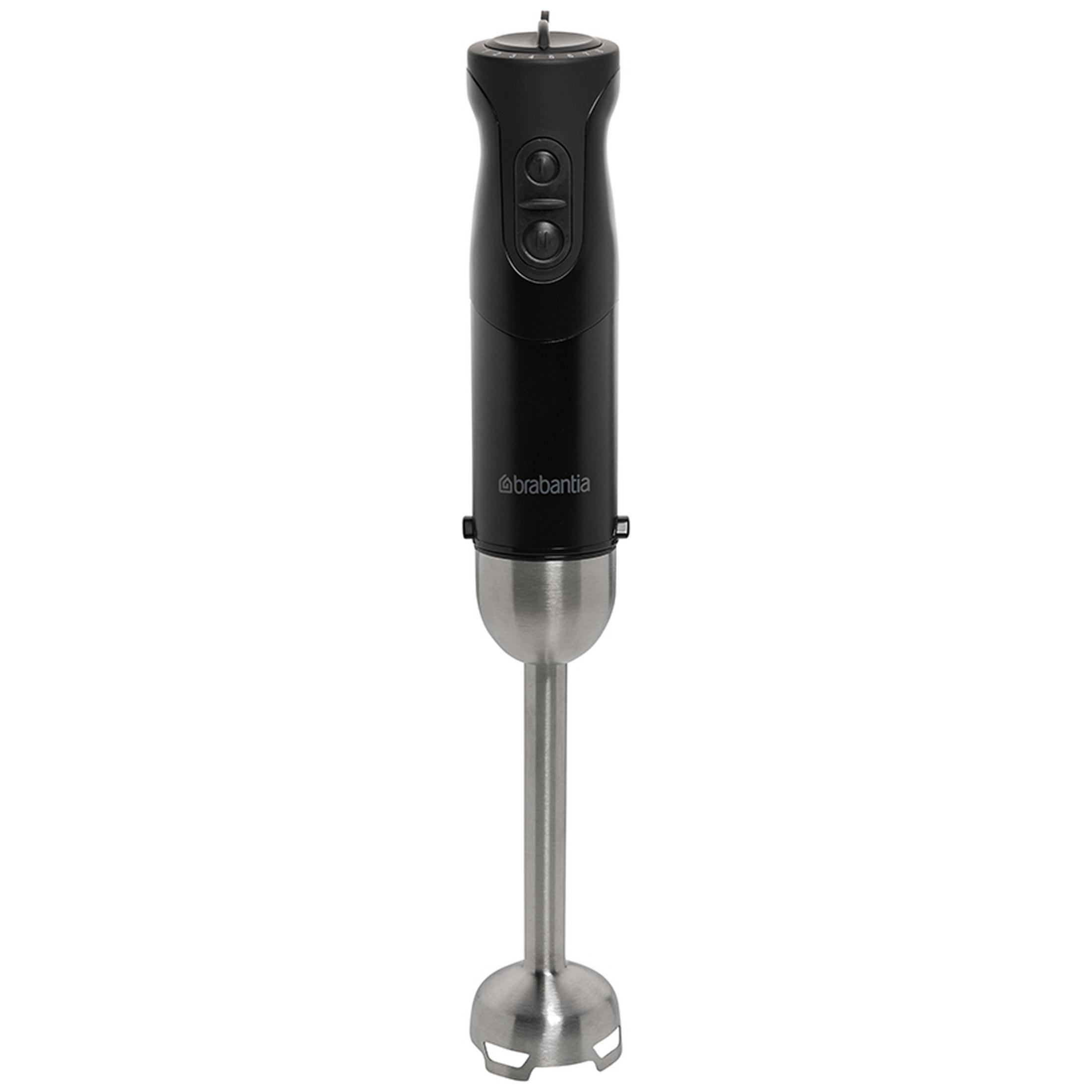Zwarte staafmixer met RVS schacht en mesbeschermer.