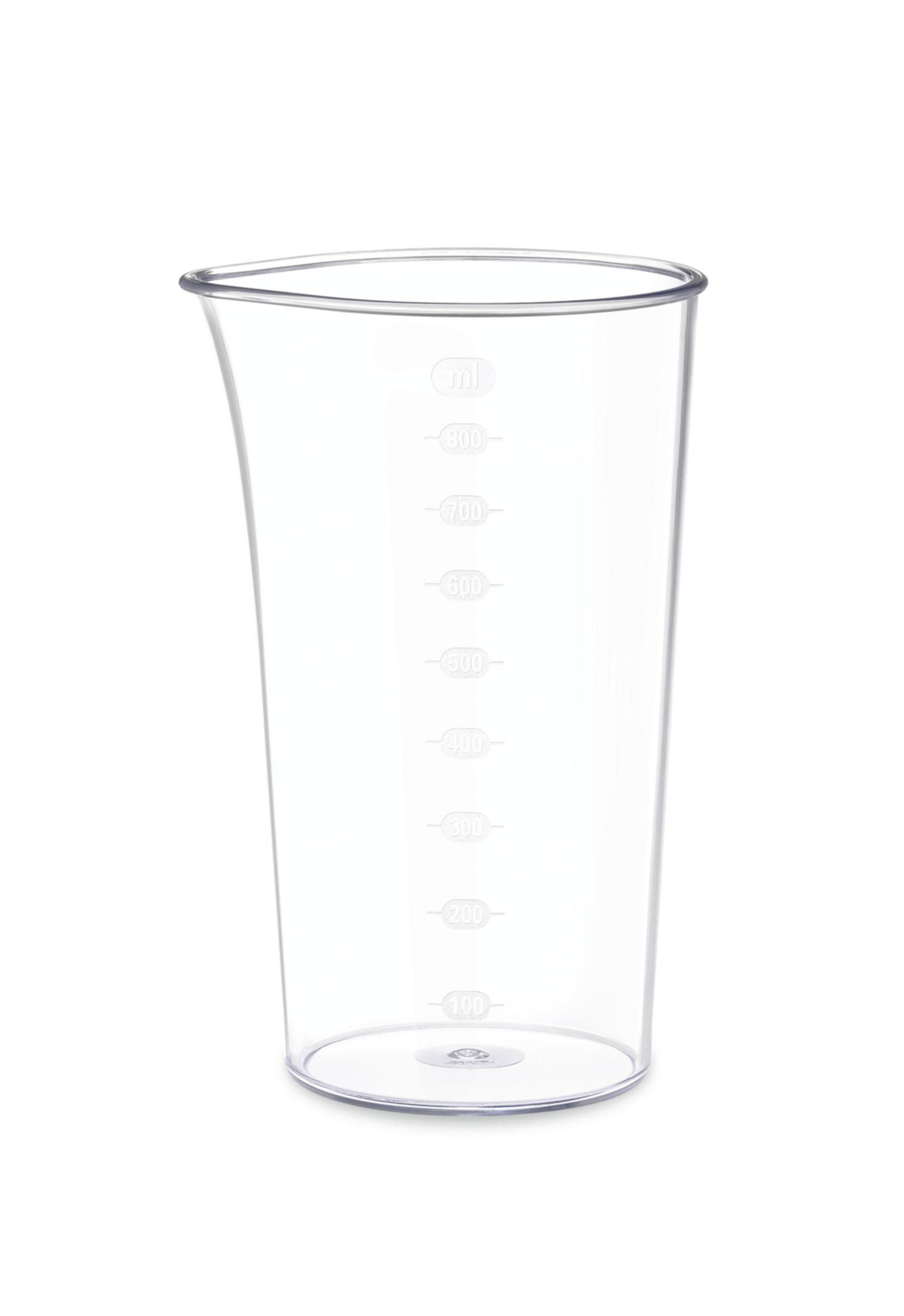 Przezroczysty kubek z miarką z oznaczeniami ml do 800 ml.