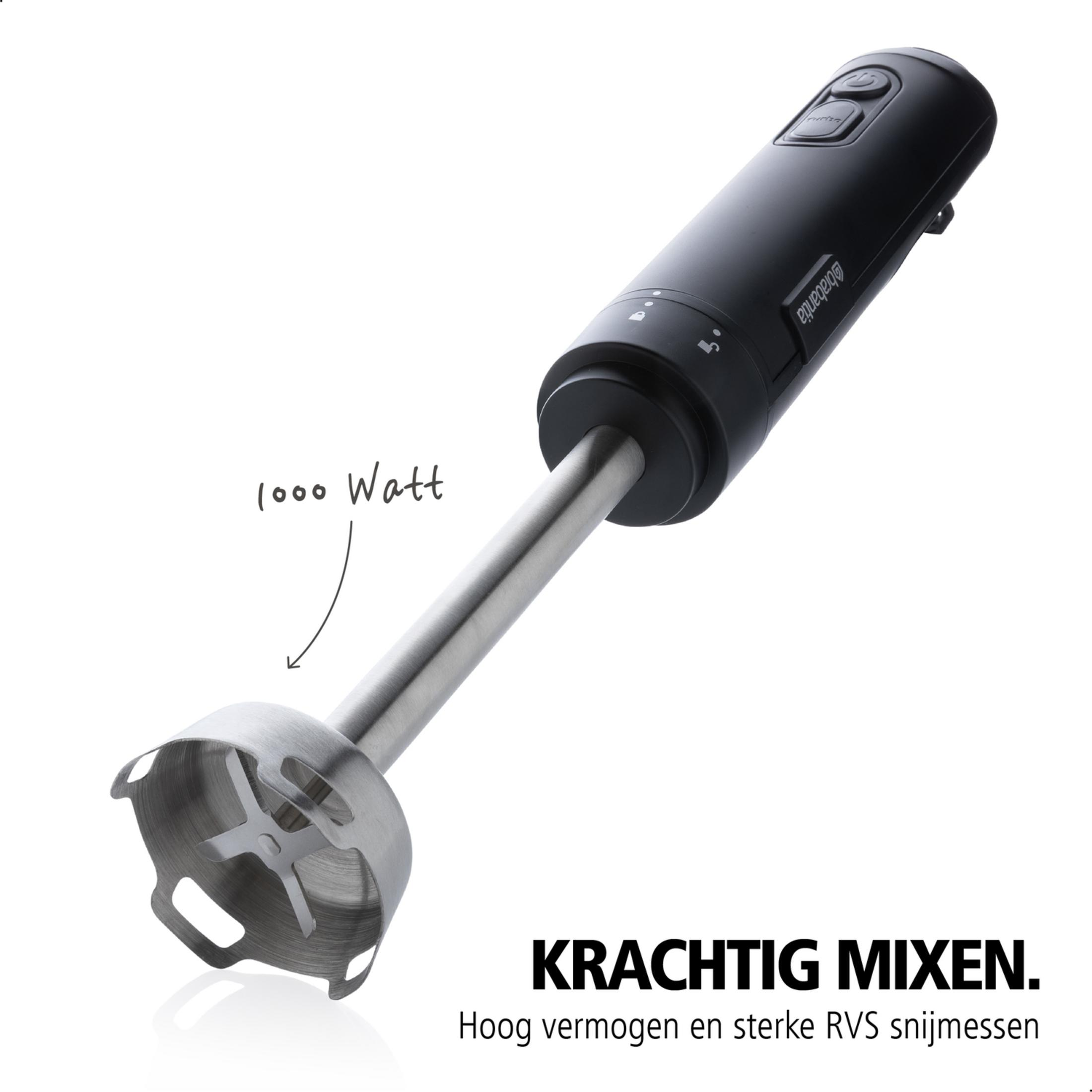 Zwarte 1000W staafmixer met RVS snijmes.