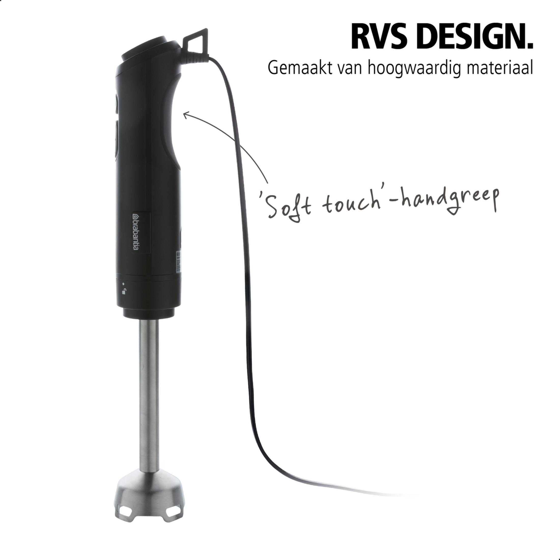 Een zwarte staafmixer met RVS voet en snoer.