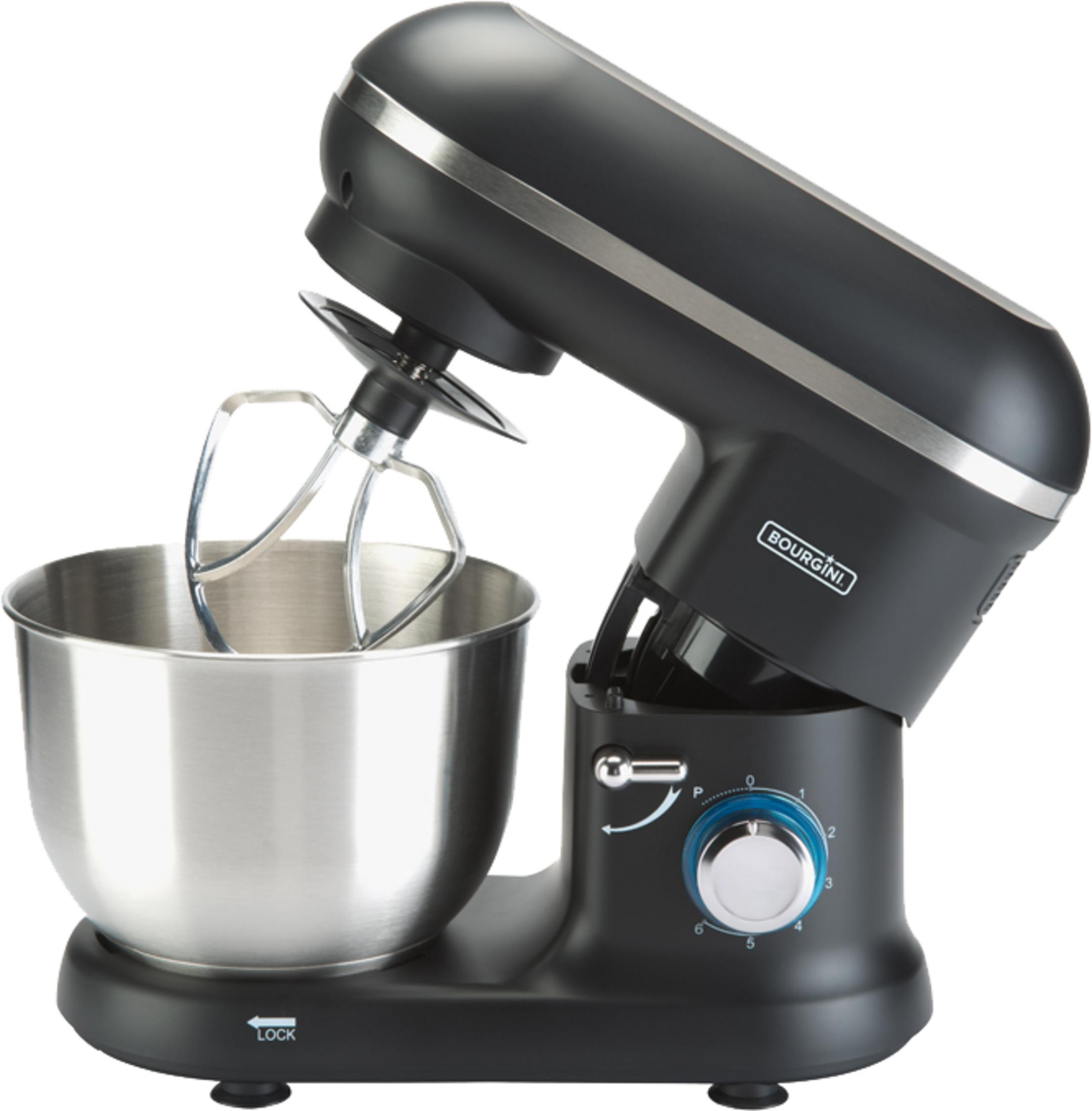 Schwarzer Küchenmixer mit Edelstahlschüssel und Rührbesen.