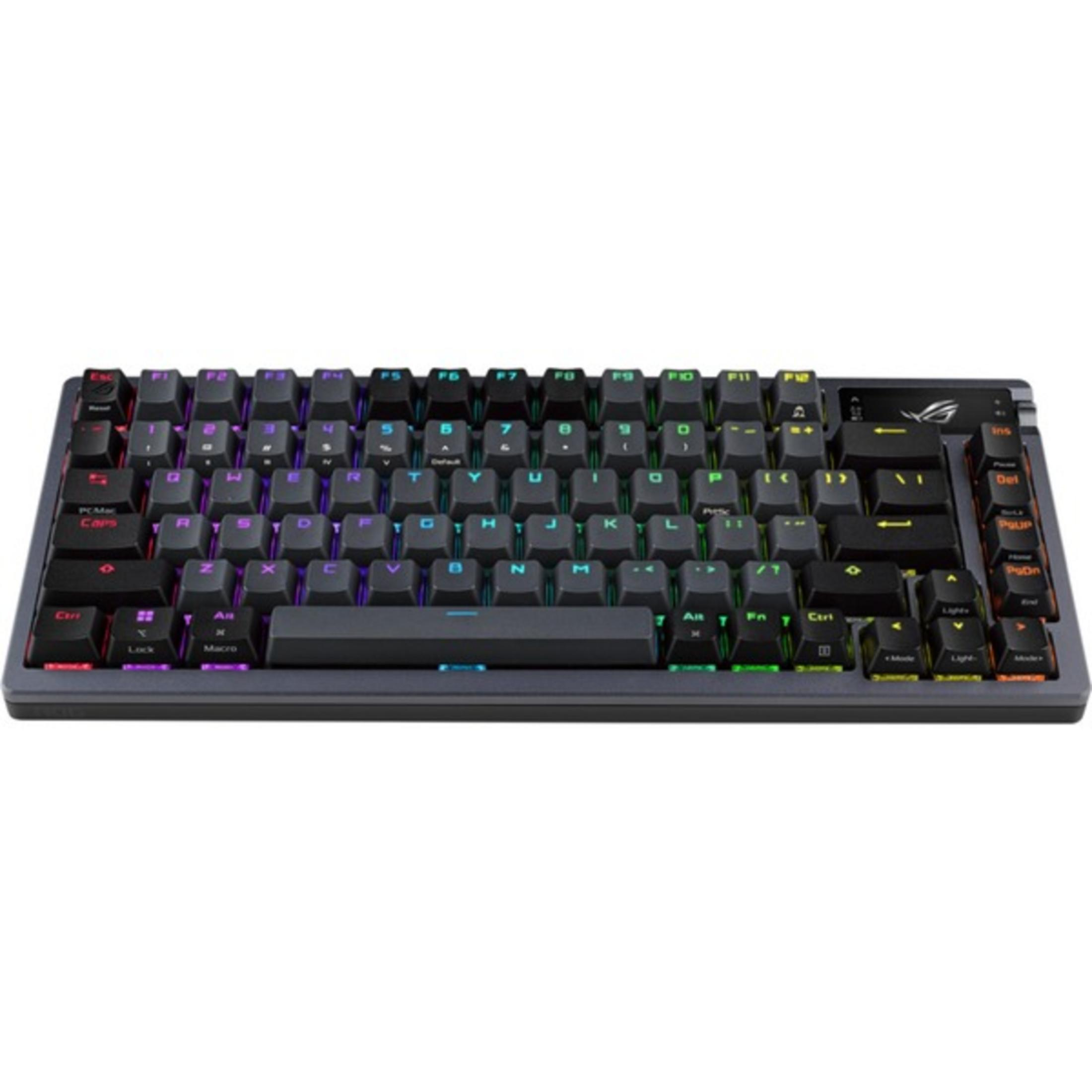 A compact, black, backlit gaming keyboard with RGB lighting. Top left view.