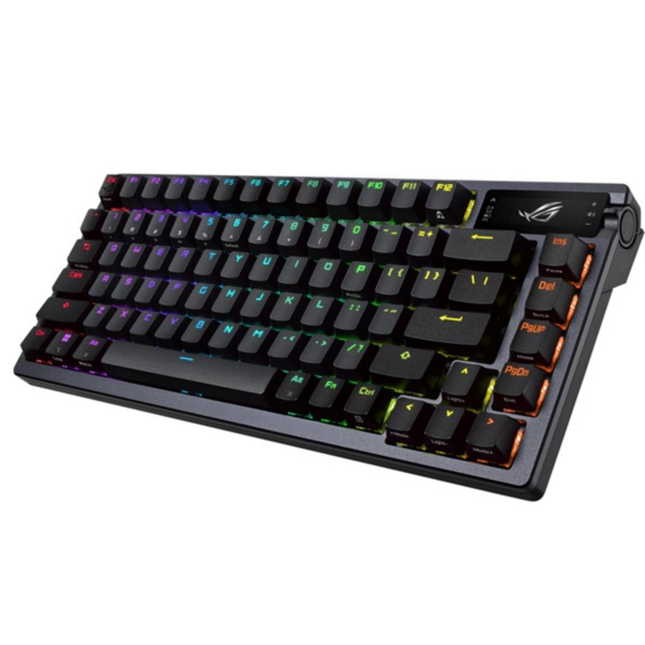 Black keyboard with RGB backlighting, close-up view.