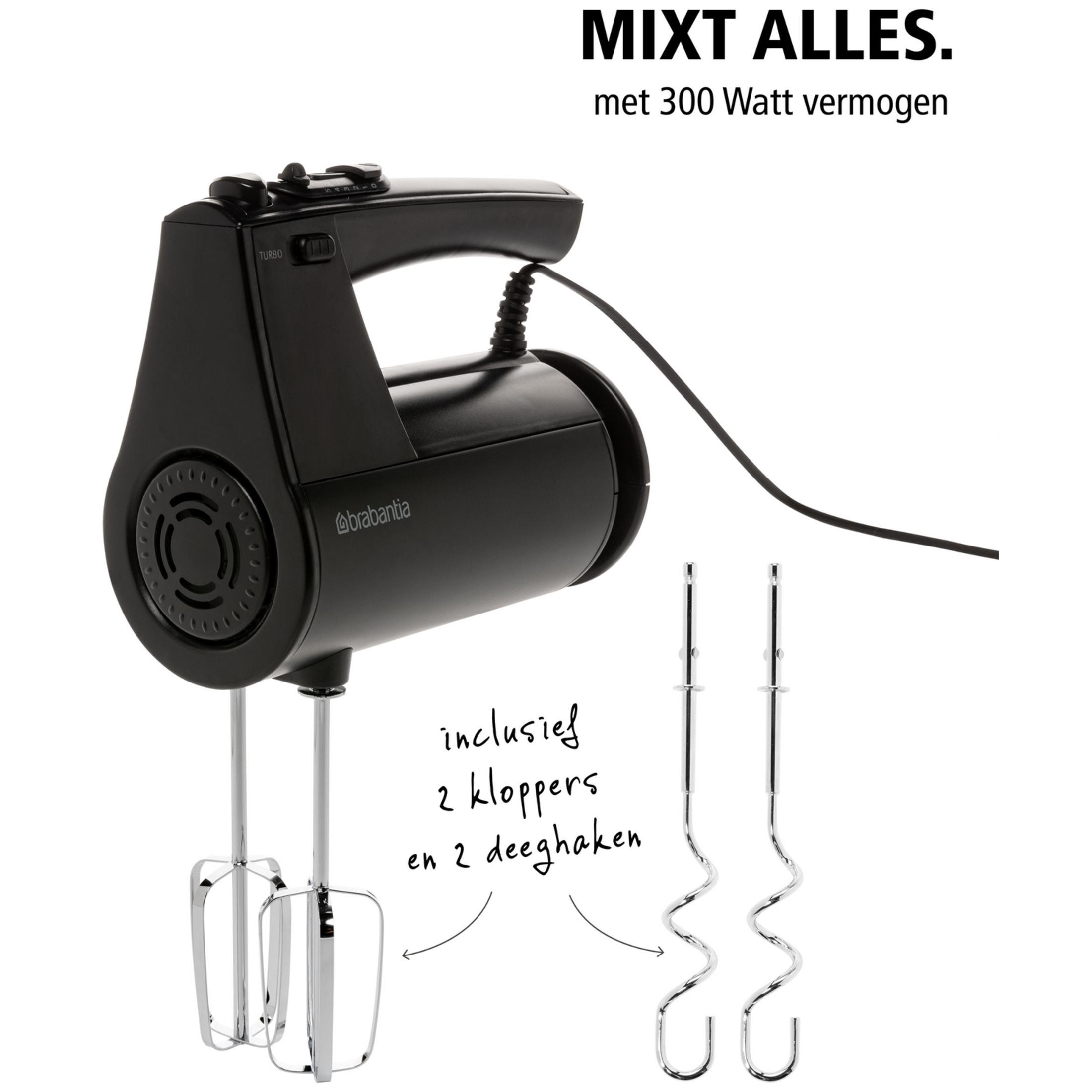 Black hand mixer with beaters and dough hooks. Features a turbo function.