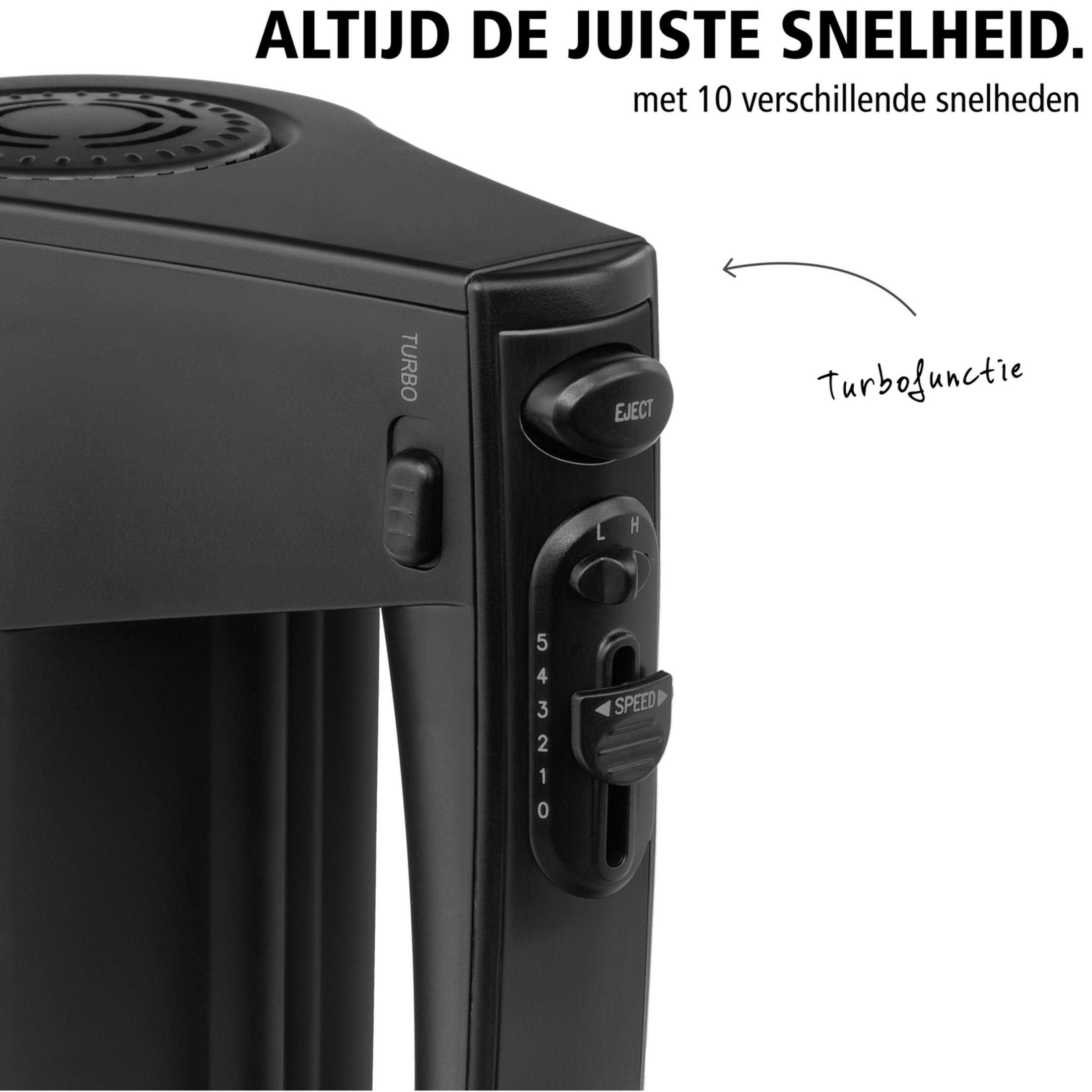 Black mixer with speed control, turbo button, and eject button.