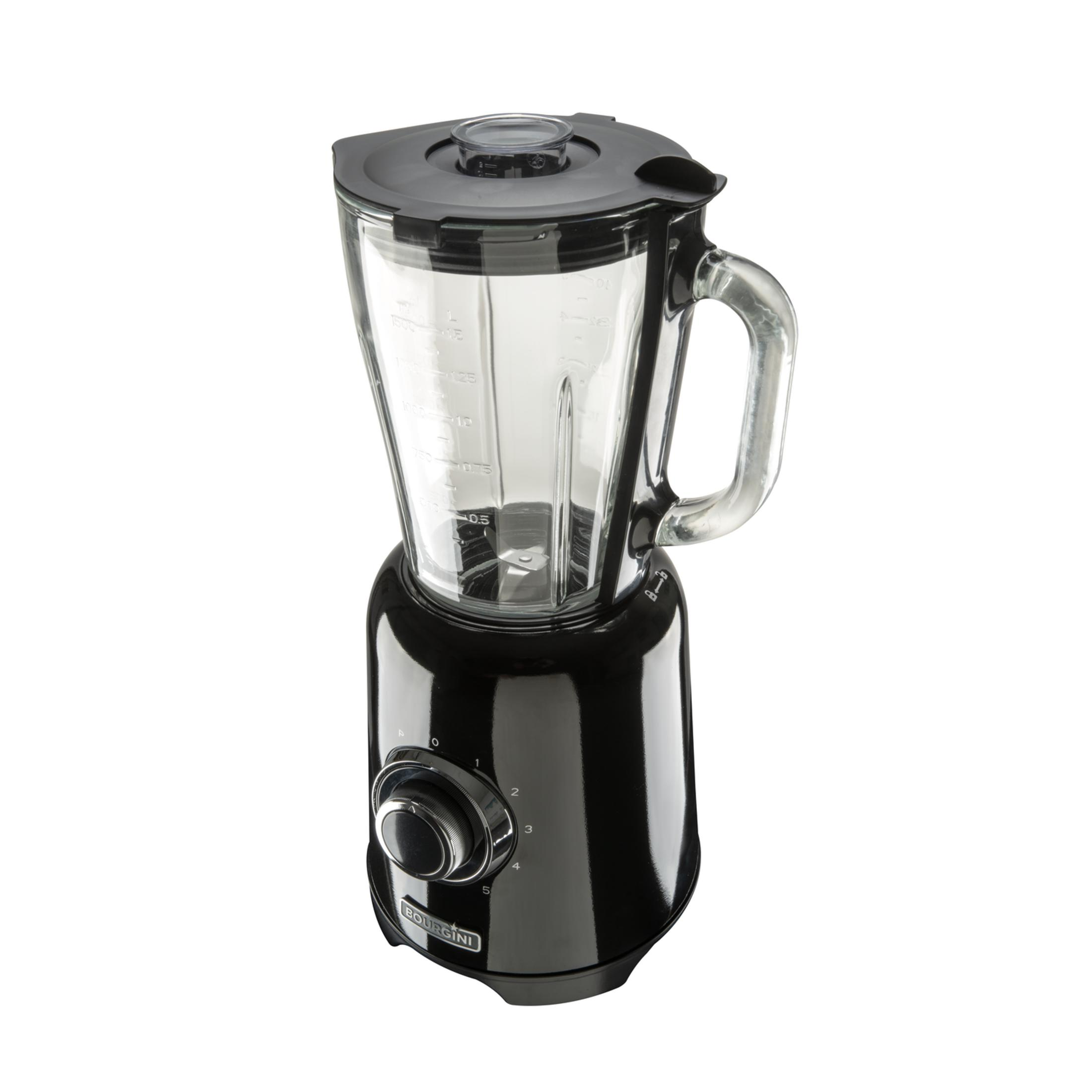 Een zwarte blender met glazen kan, maatstrepen en snelheidsregelaar.