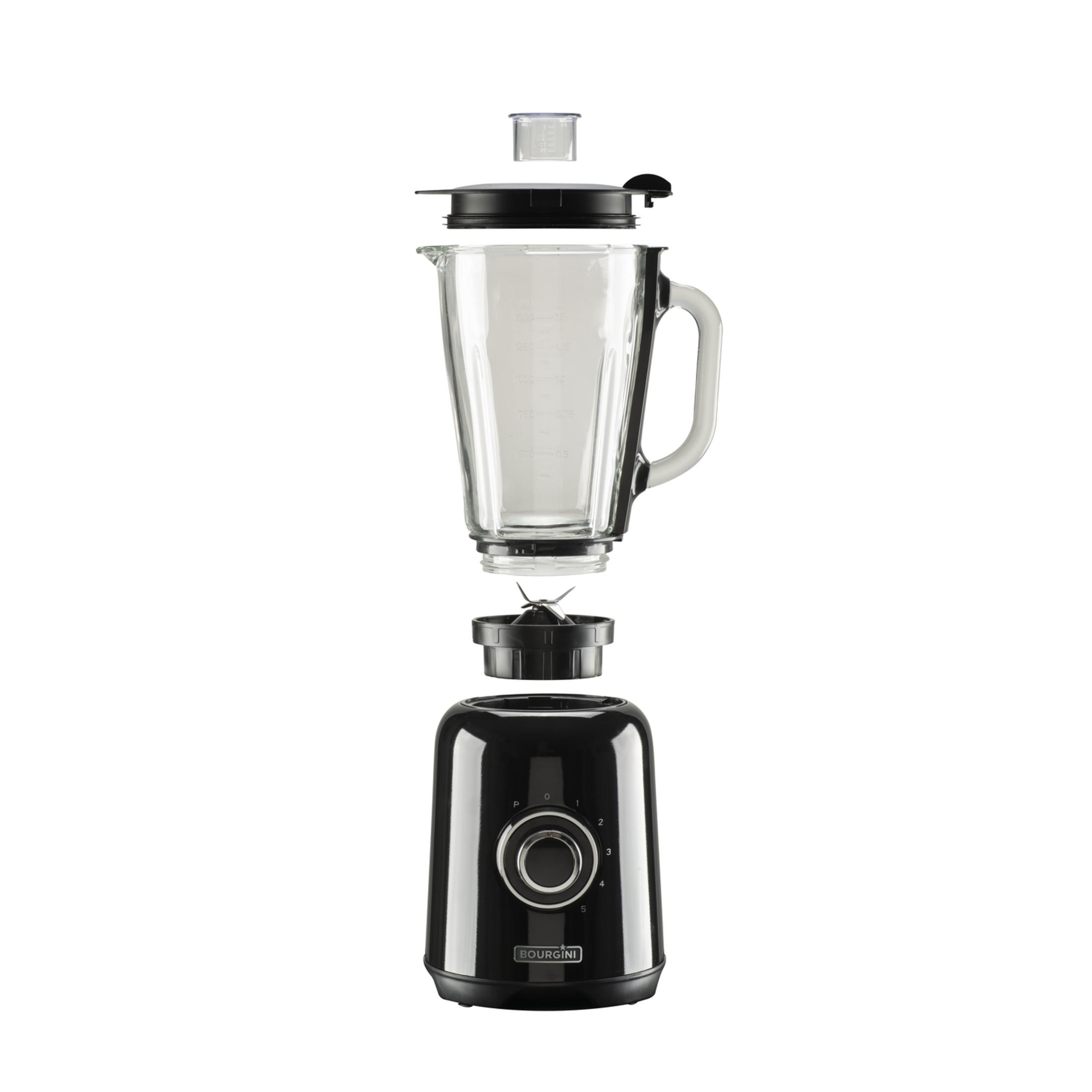 Gedemonteerde zwarte blender met glazen kan, deksel en maatbeker.