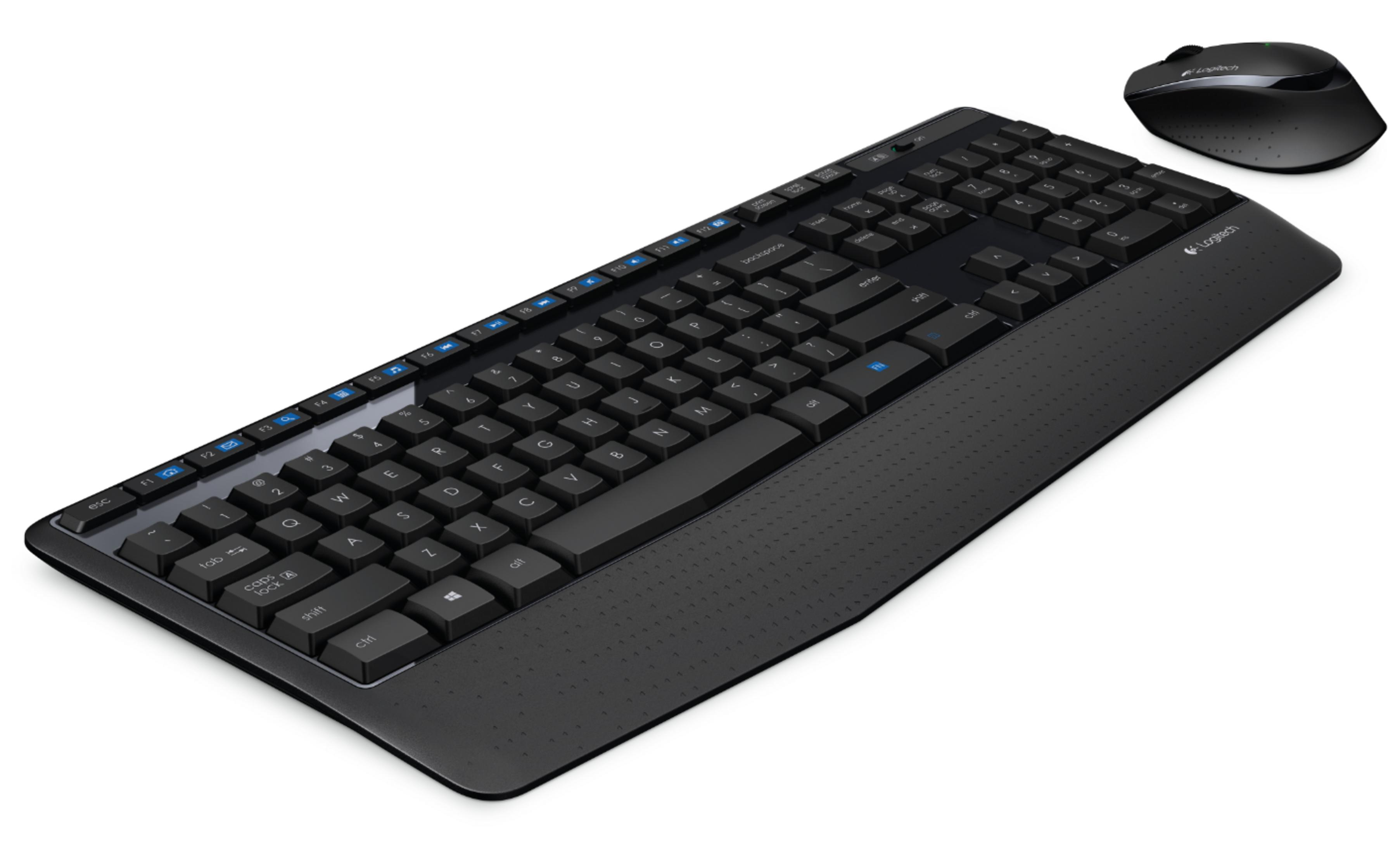 Czarna bezprzewodowa klawiatura i mysz Logitech na białym tle.