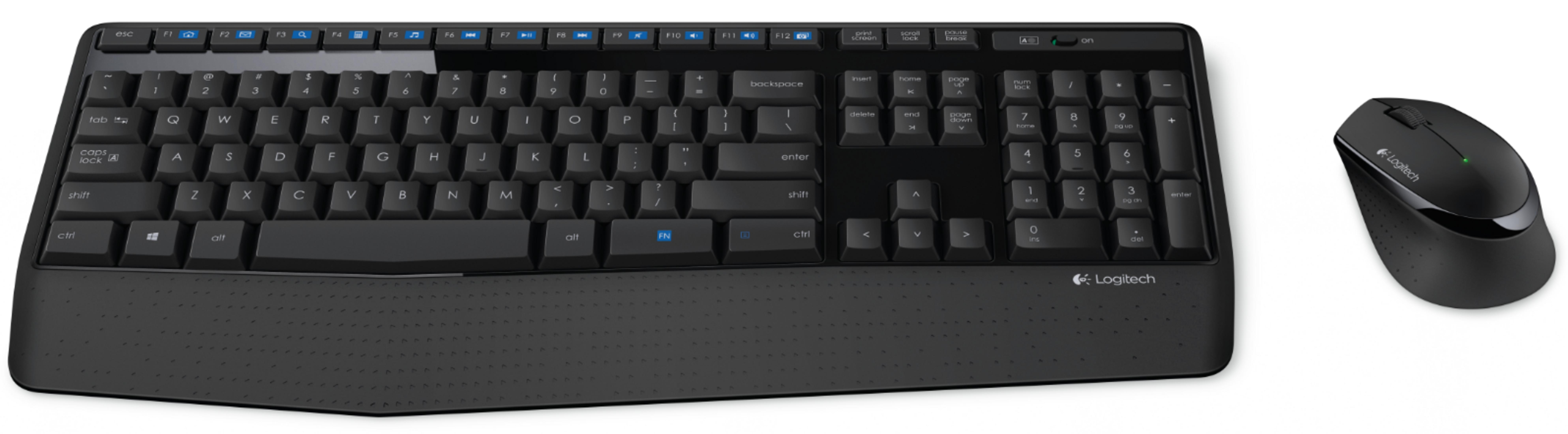 Czarna klawiatura i mysz Logitech na białym tle.