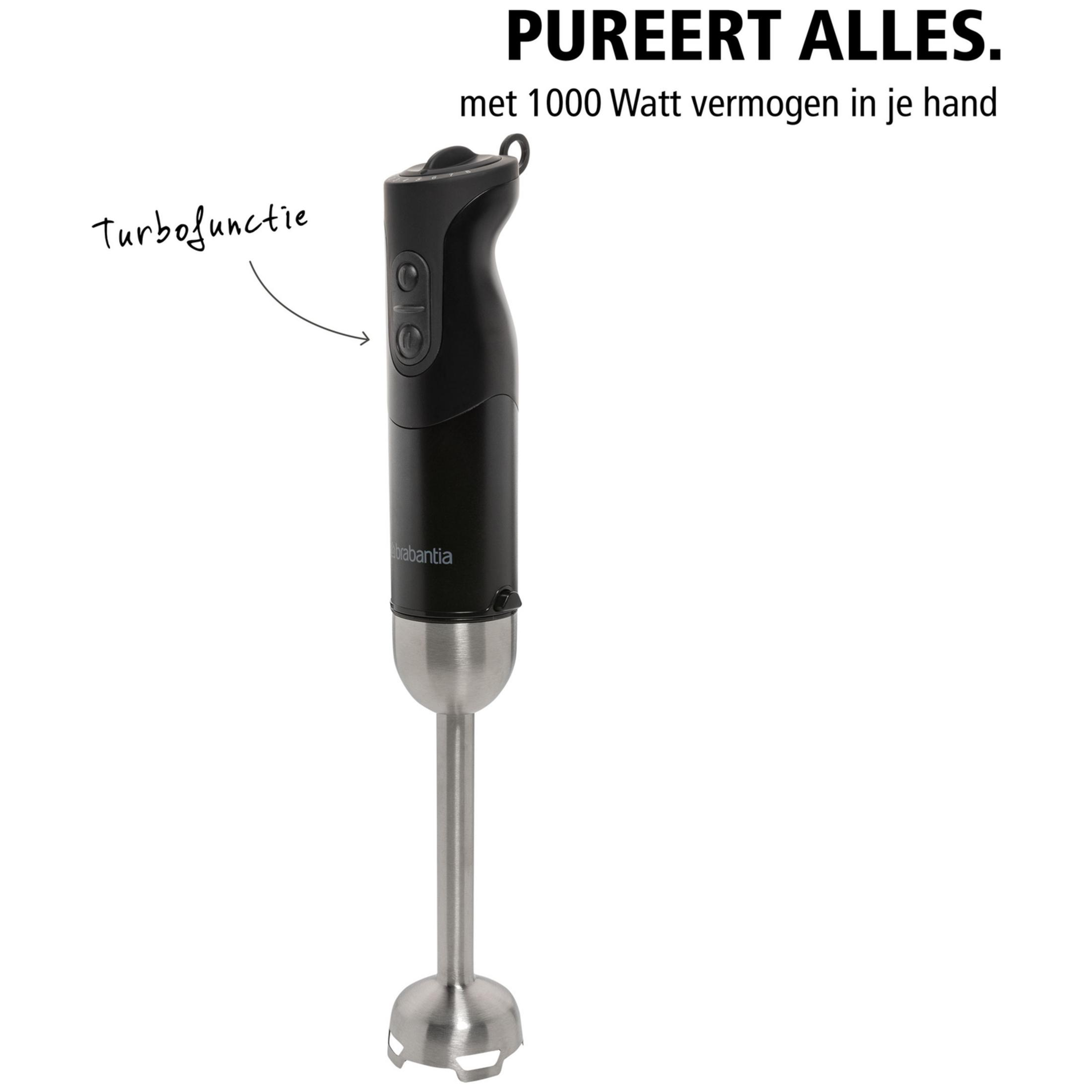 Black immersion blender with stainless steel shaft and turbo function.