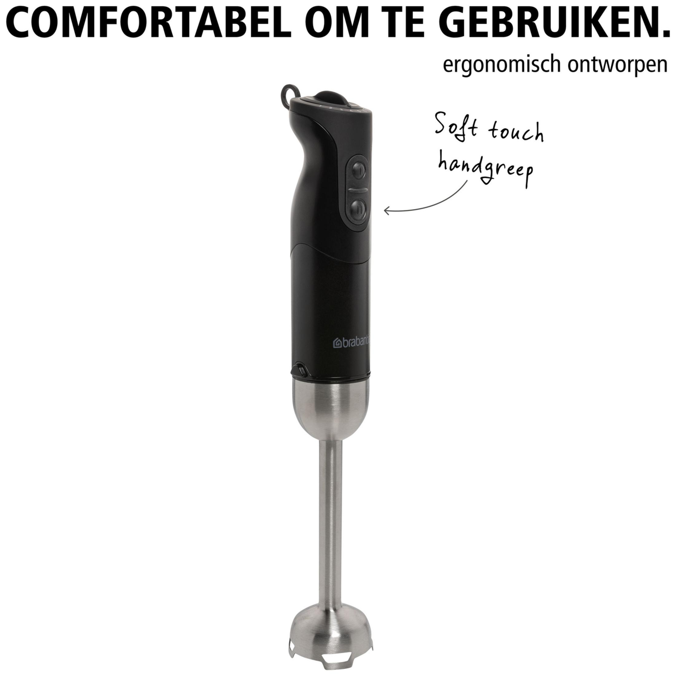 Black immersion blender with silver metal foot and controls.