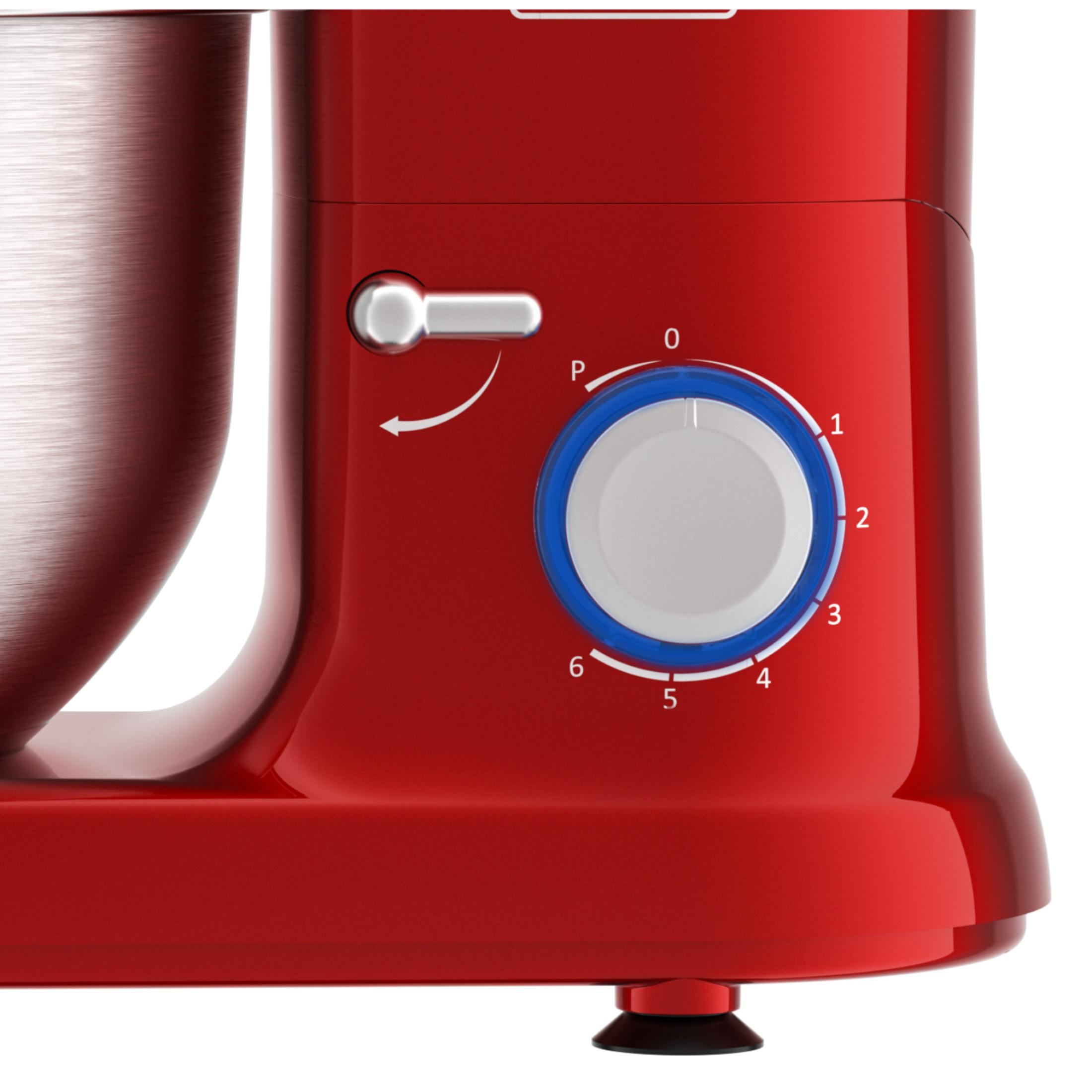 Roter Küchenmixer mit Edelstahlschüssel und Geschwindigkeitsregler.