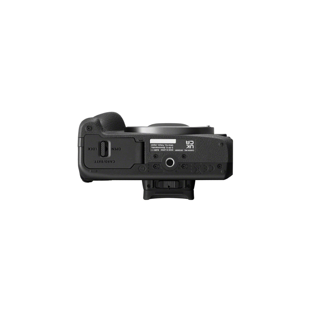 Bottom view of a black Canon camera showing the card/batt. compartment with OPEN/LOCK, UK CA mark.