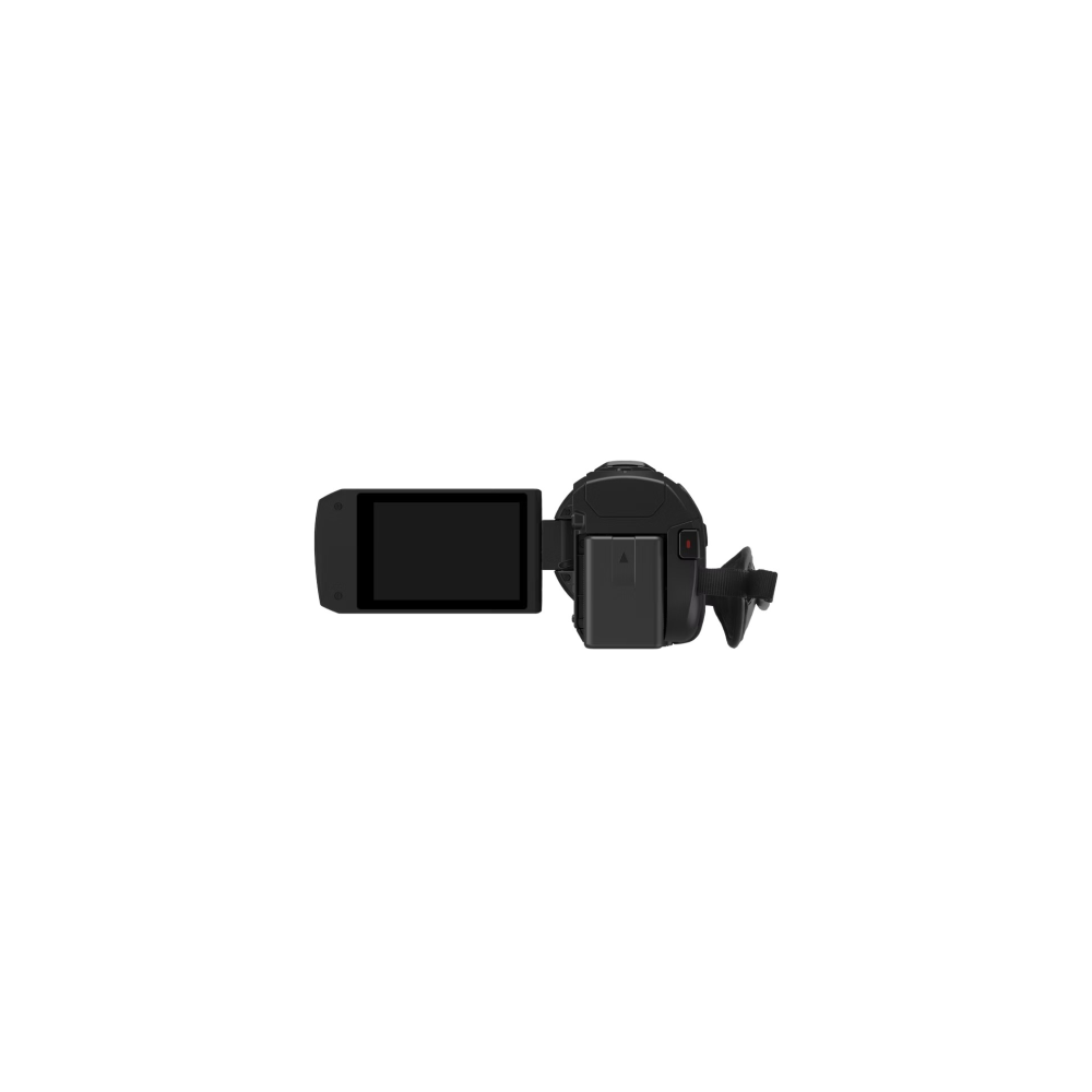 Schwarzer Camcorder mit geöffnetem Bildschirm und Akku.