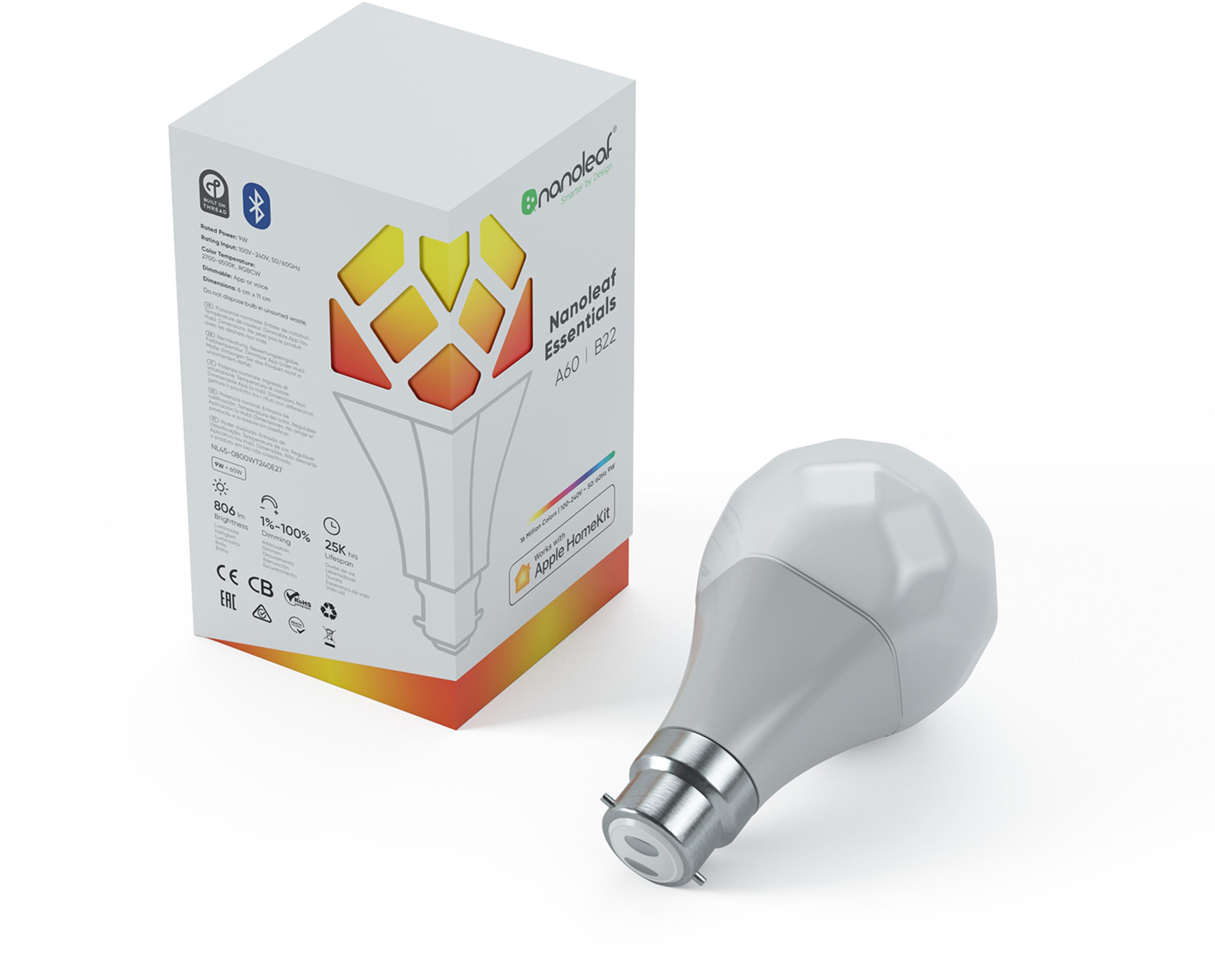 Lampadina Nanoleaf Essentials A60/B22 e confezione con design a spettro cromatico.