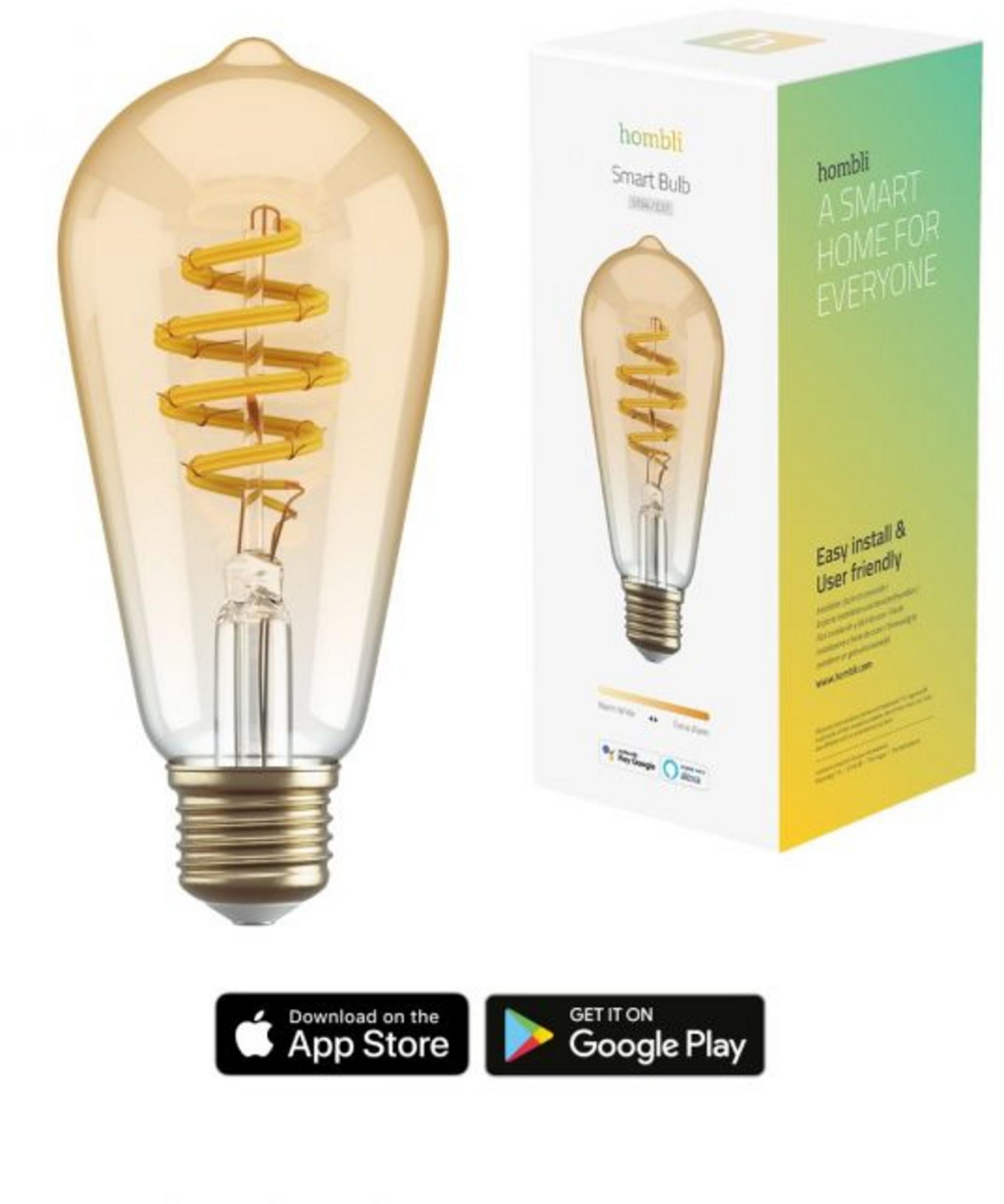 Une ampoule transparente avec filament enroulé et son emballage, avec des icônes d'app store.