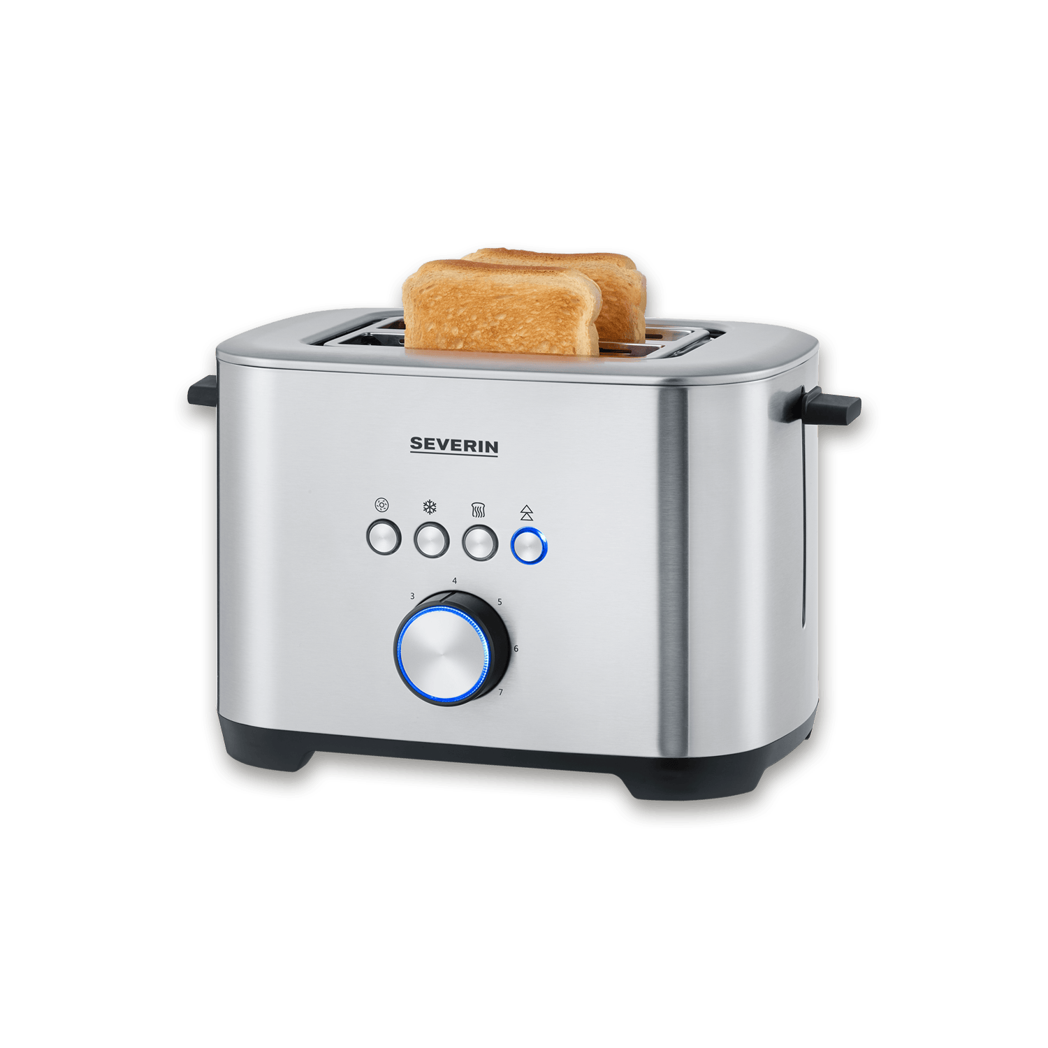 A silver toaster with two golden slices of toast sticking out.
