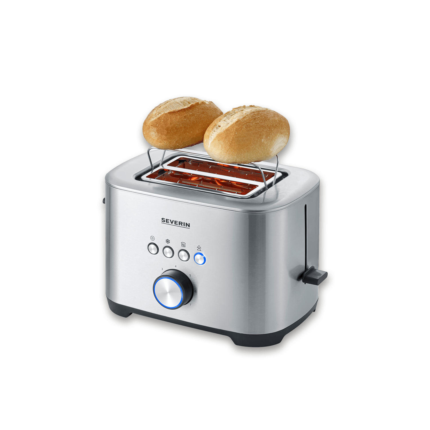 A silver toaster with two rolls resting on a rack on top.