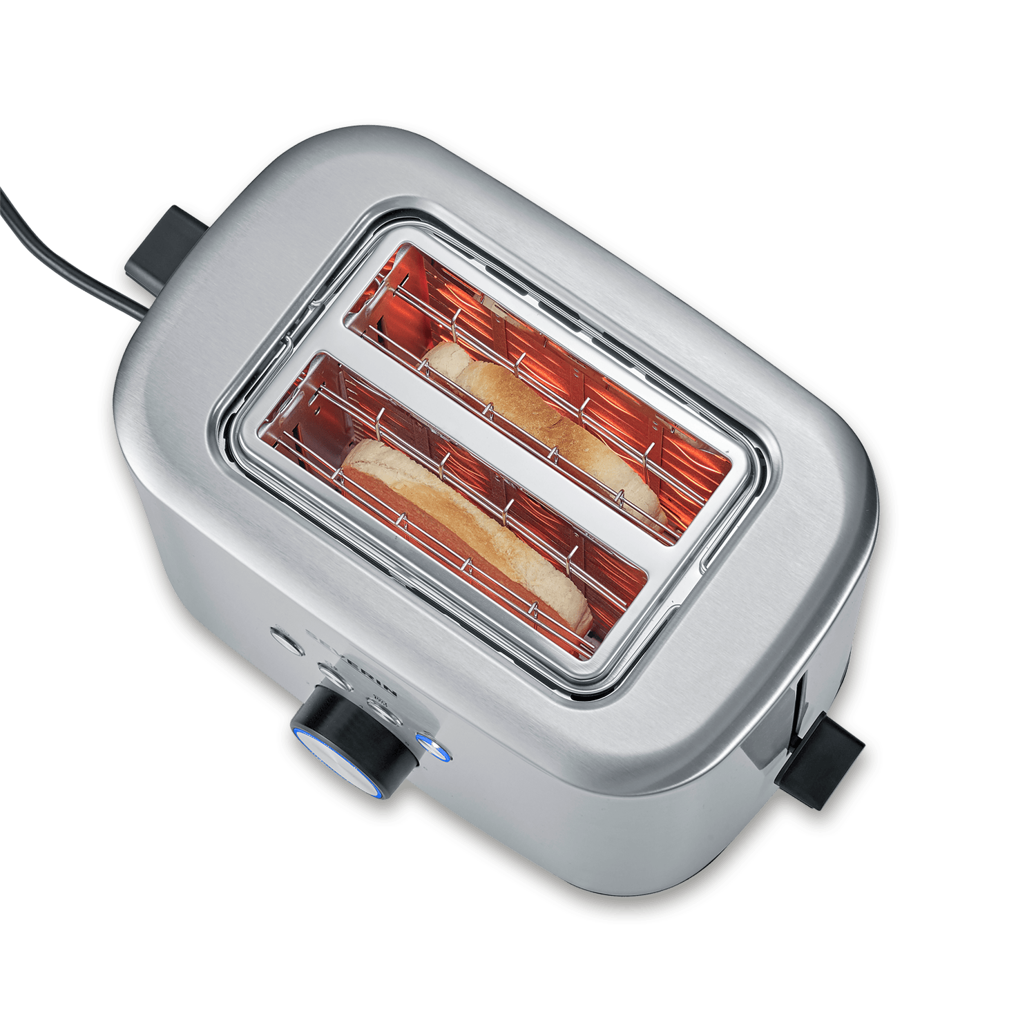 A silver toaster with two slices of bread toasting inside.